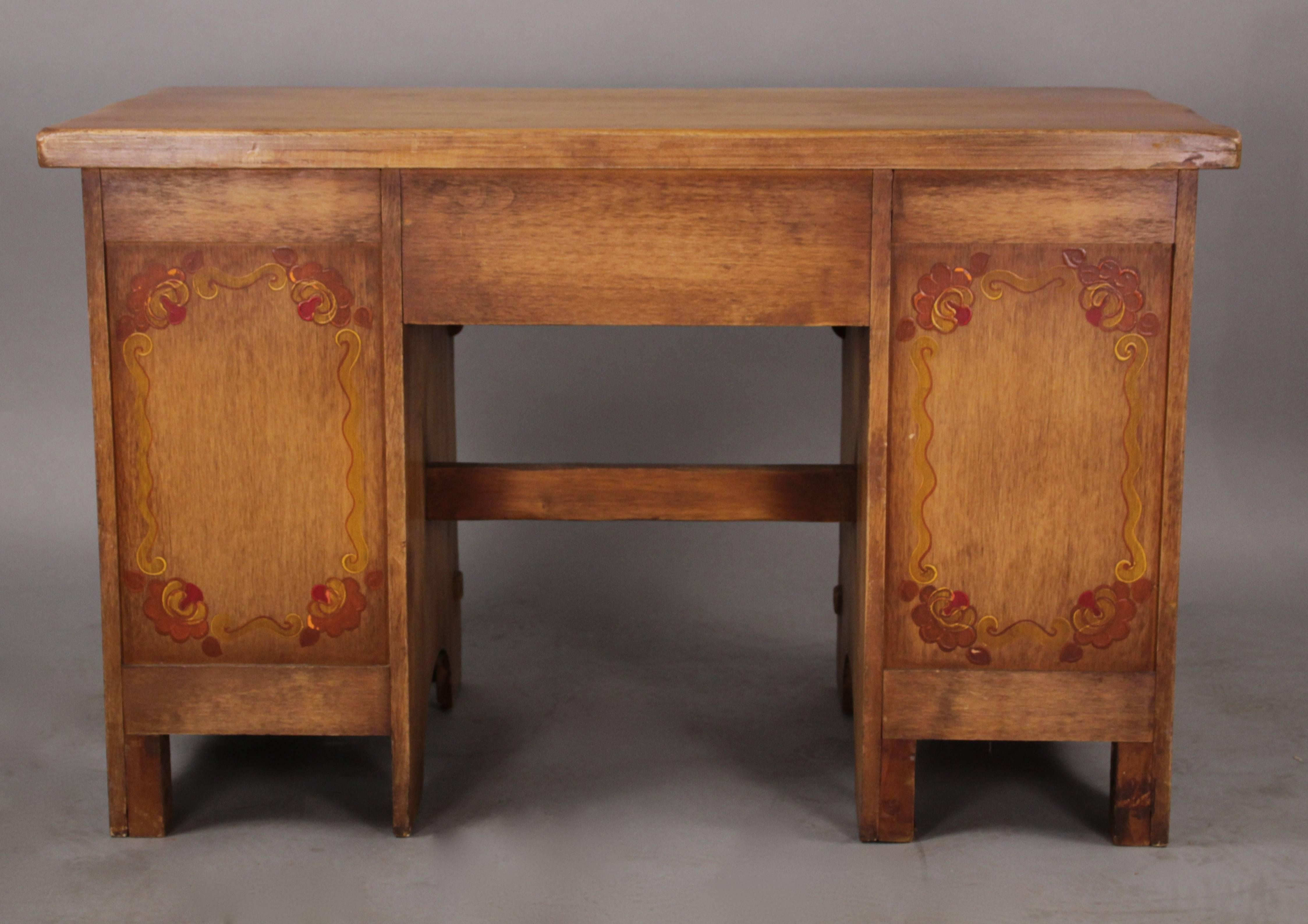 Desk with original finish and hand-painted decorations, circa 1930s.