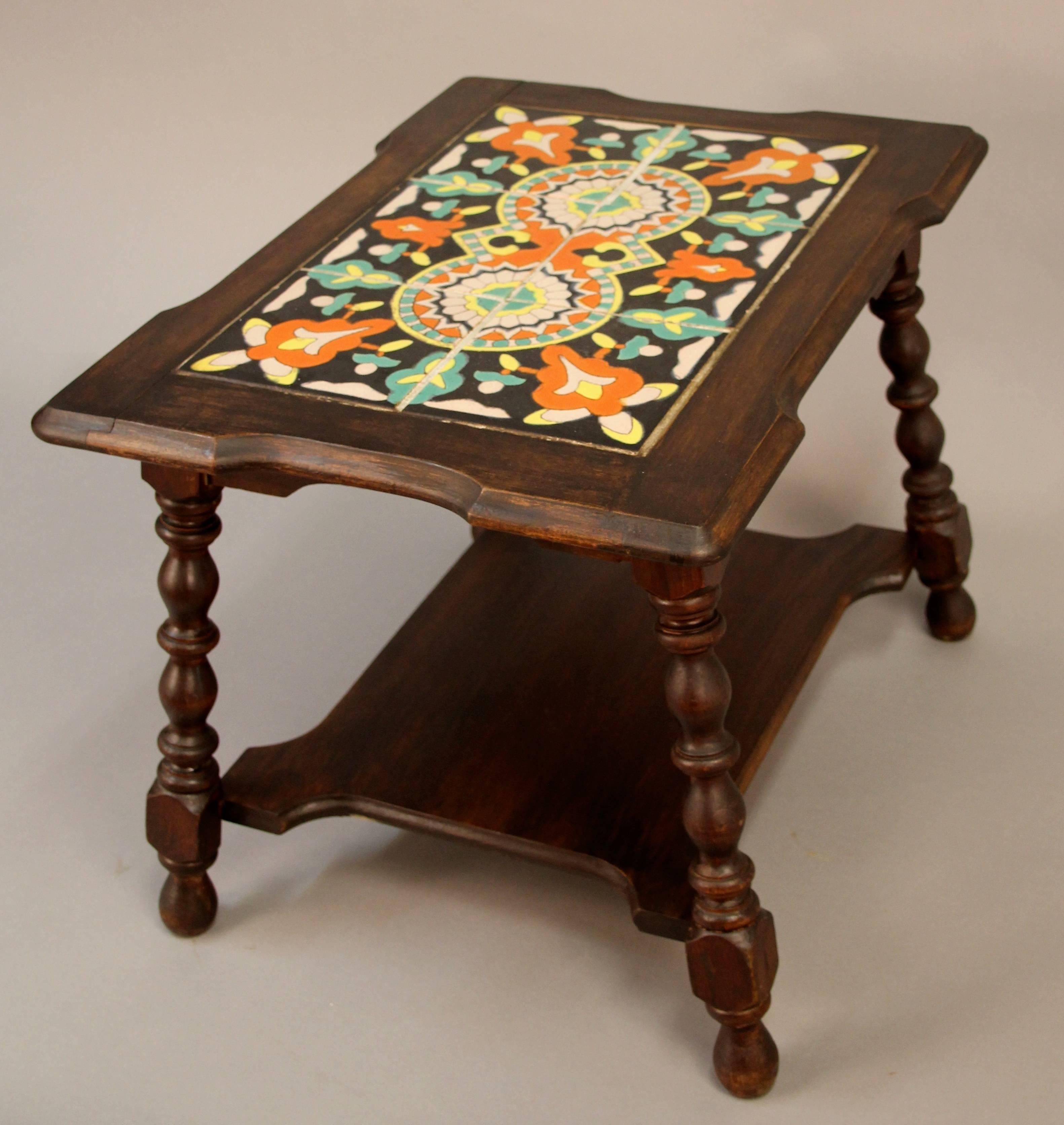 American 1920s Rectangular Six-Tile Table with Lower Shelf