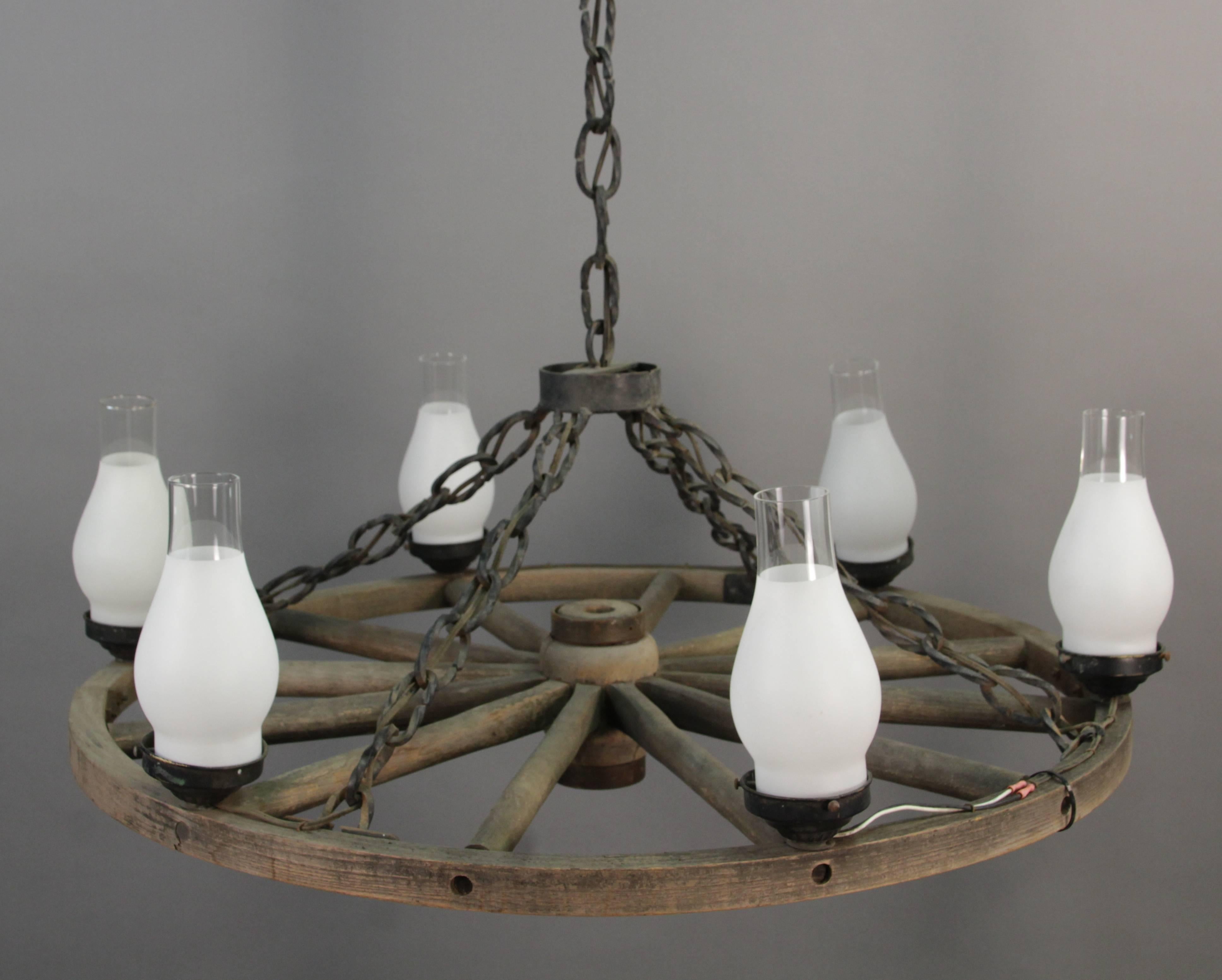 1 of 2 Large 1930s Wagon Wheel Rancho Chandelier In Good Condition In Pasadena, CA