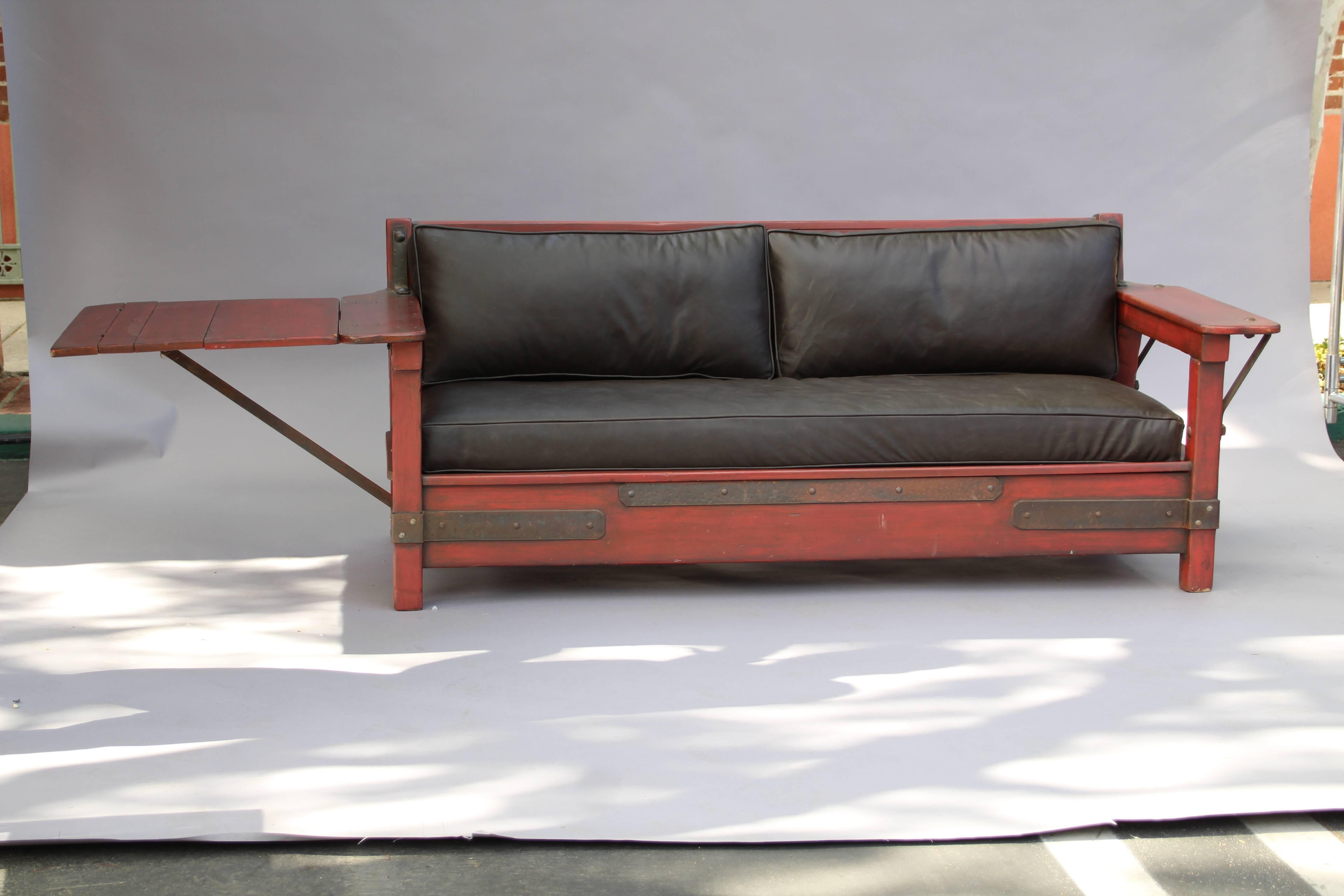 Rancho Monterey 1930s Signed Red Monterey Red Sofa with One Drop Arm