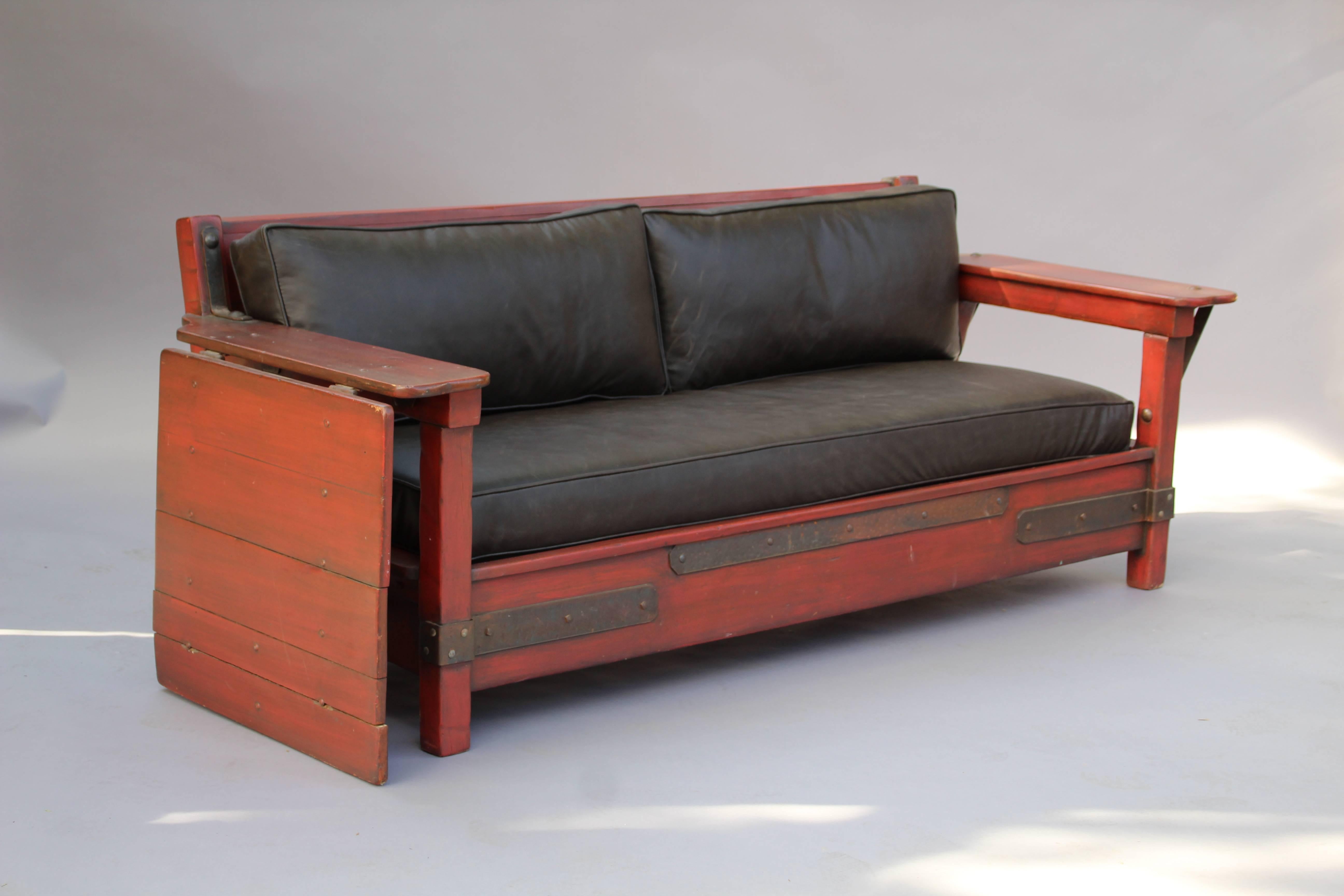 1930s Signed Red Monterey Red Sofa with One Drop Arm In Good Condition In Pasadena, CA