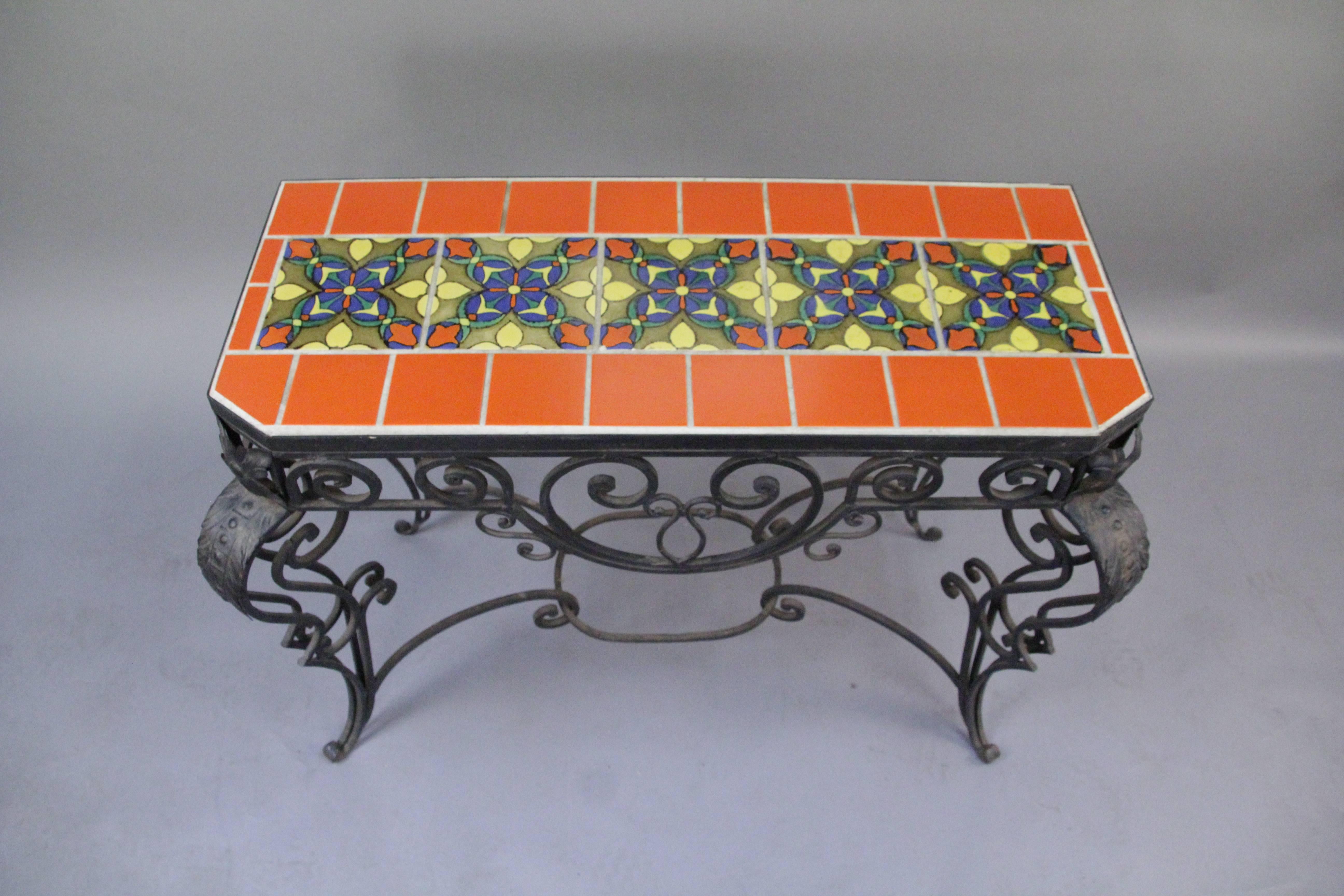 1920s Spanish Revival console table with intricate ironwork. Inlaid with beautiful, geometric Malibu tiles.