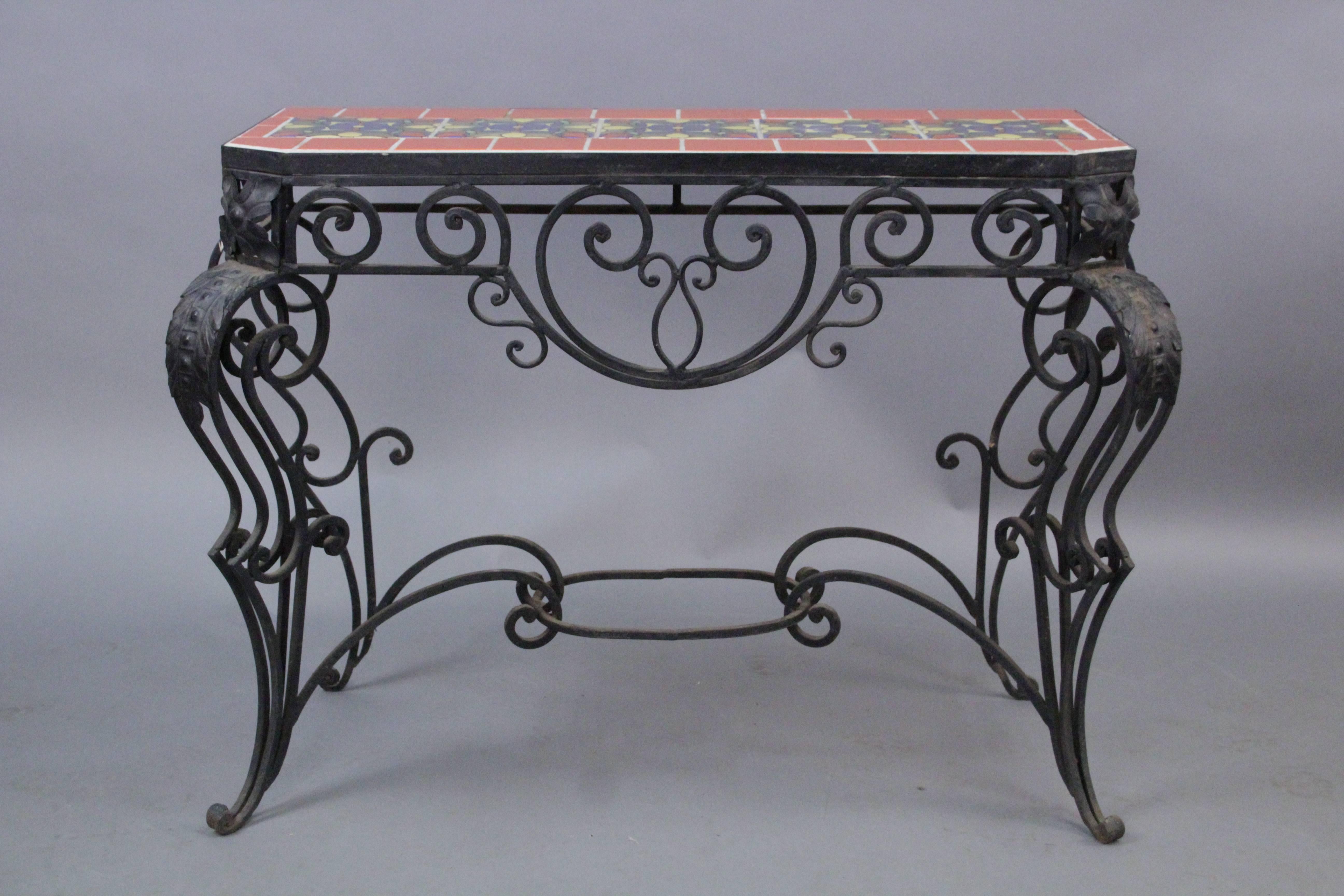 Spanish Colonial 1920s Wrought Iron Console Table with Malibu California Tiles