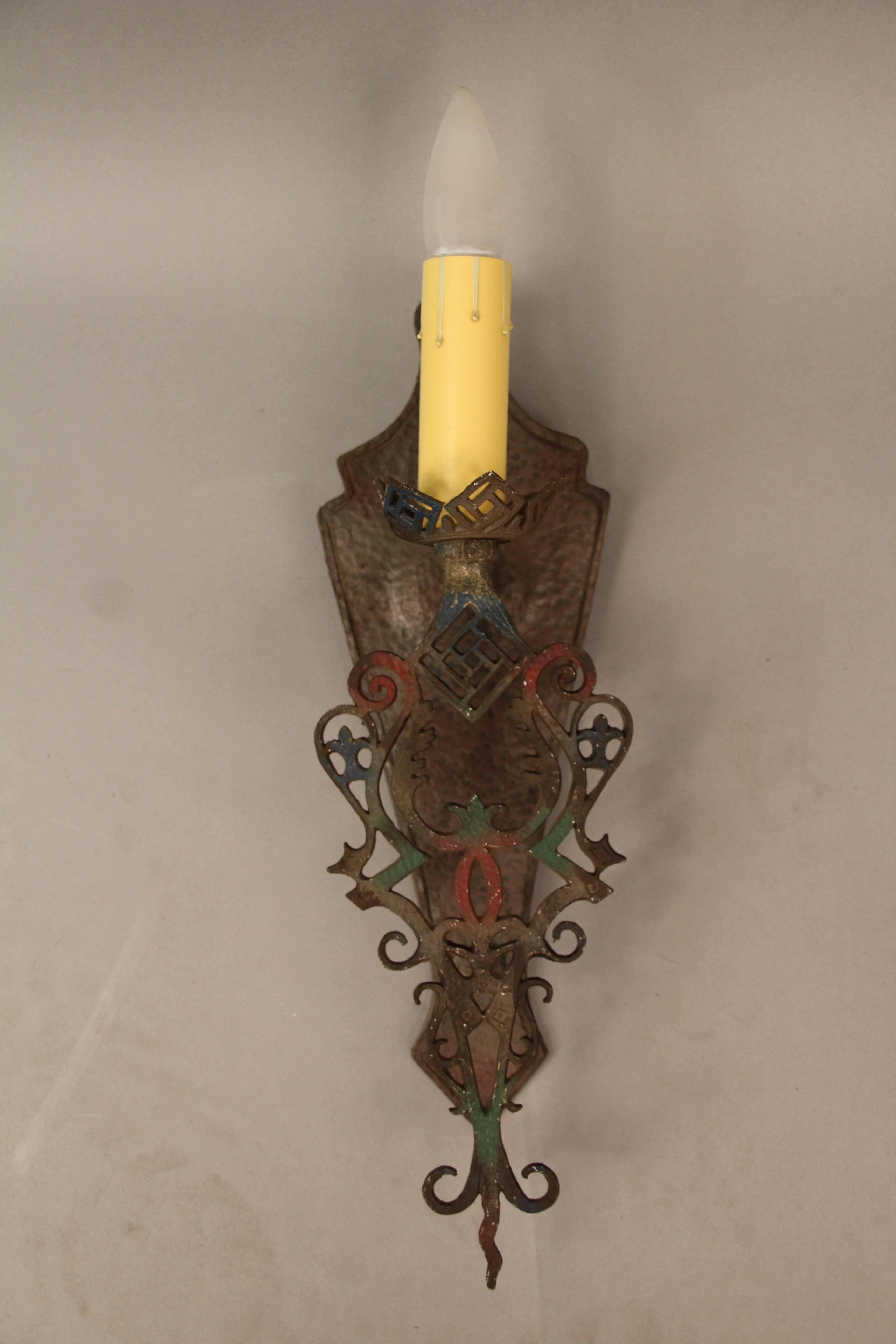 Sold and priced individually. Single Spanish Revival Sconce with original polychrome finish.