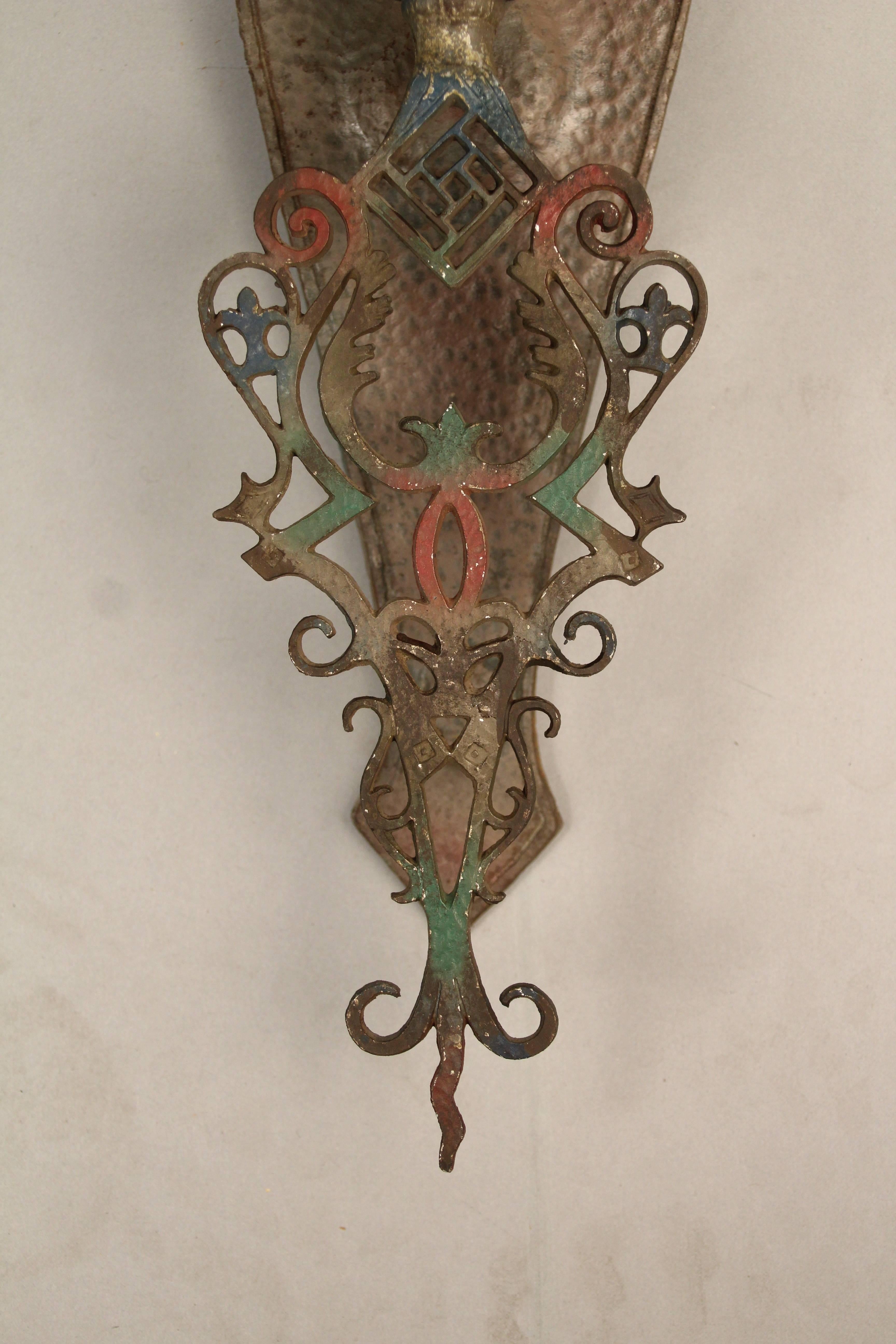 Spanish Colonial 1 of 3 Single Polychrome 1920s Sconces For Sale