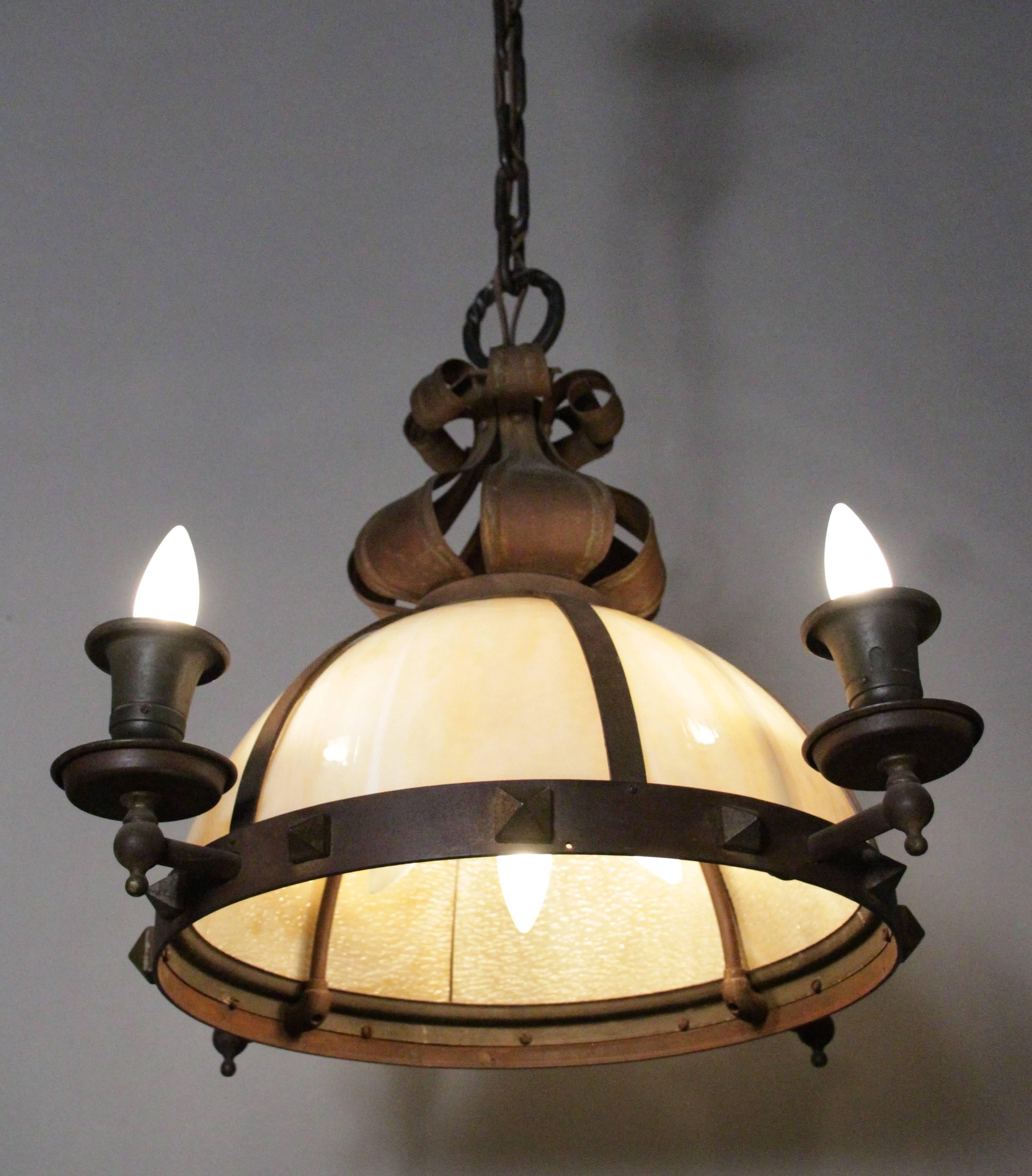 Arts & Crafts chandelier with curved slag glass, circa 1910. Salvaged from local arts and crafts bungalow.
