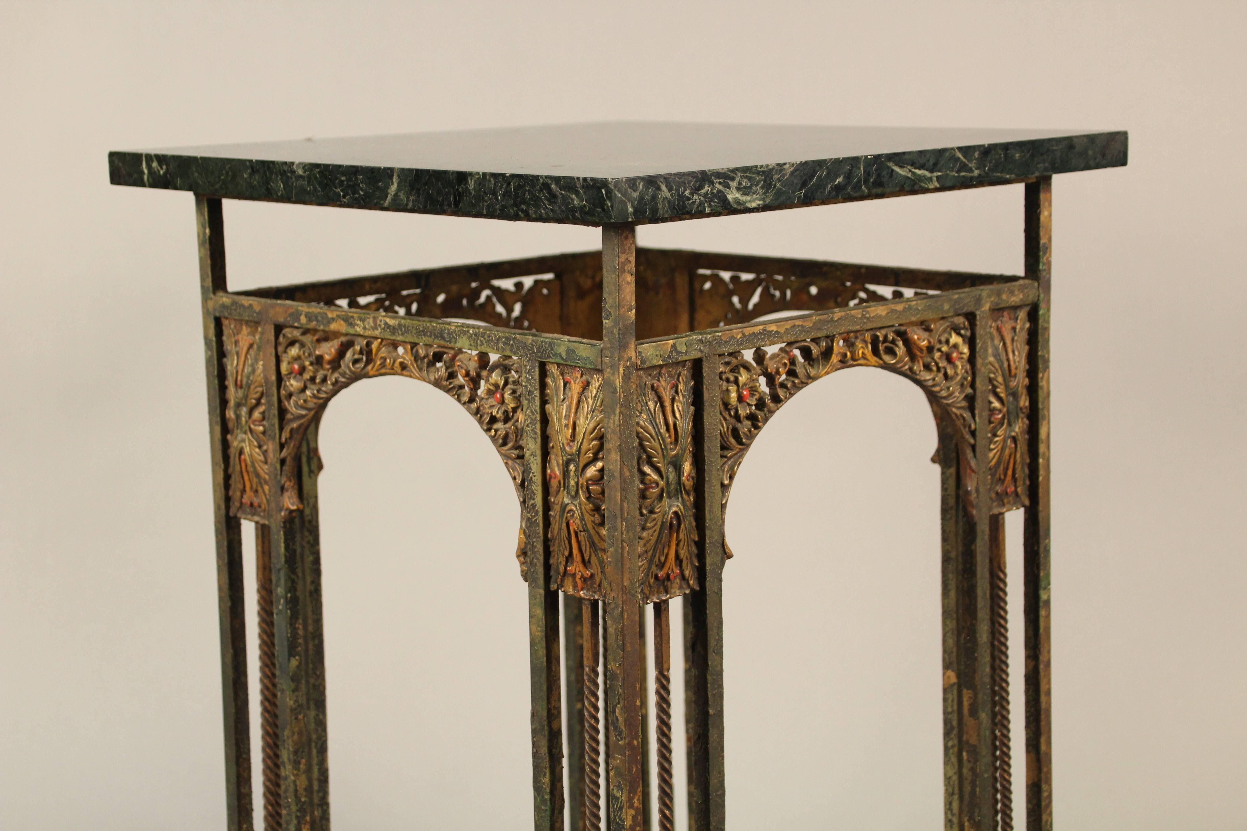 Spanish Colonial 1920s Spanish Revival Iron Polychrome Side Table with Marble Top For Sale