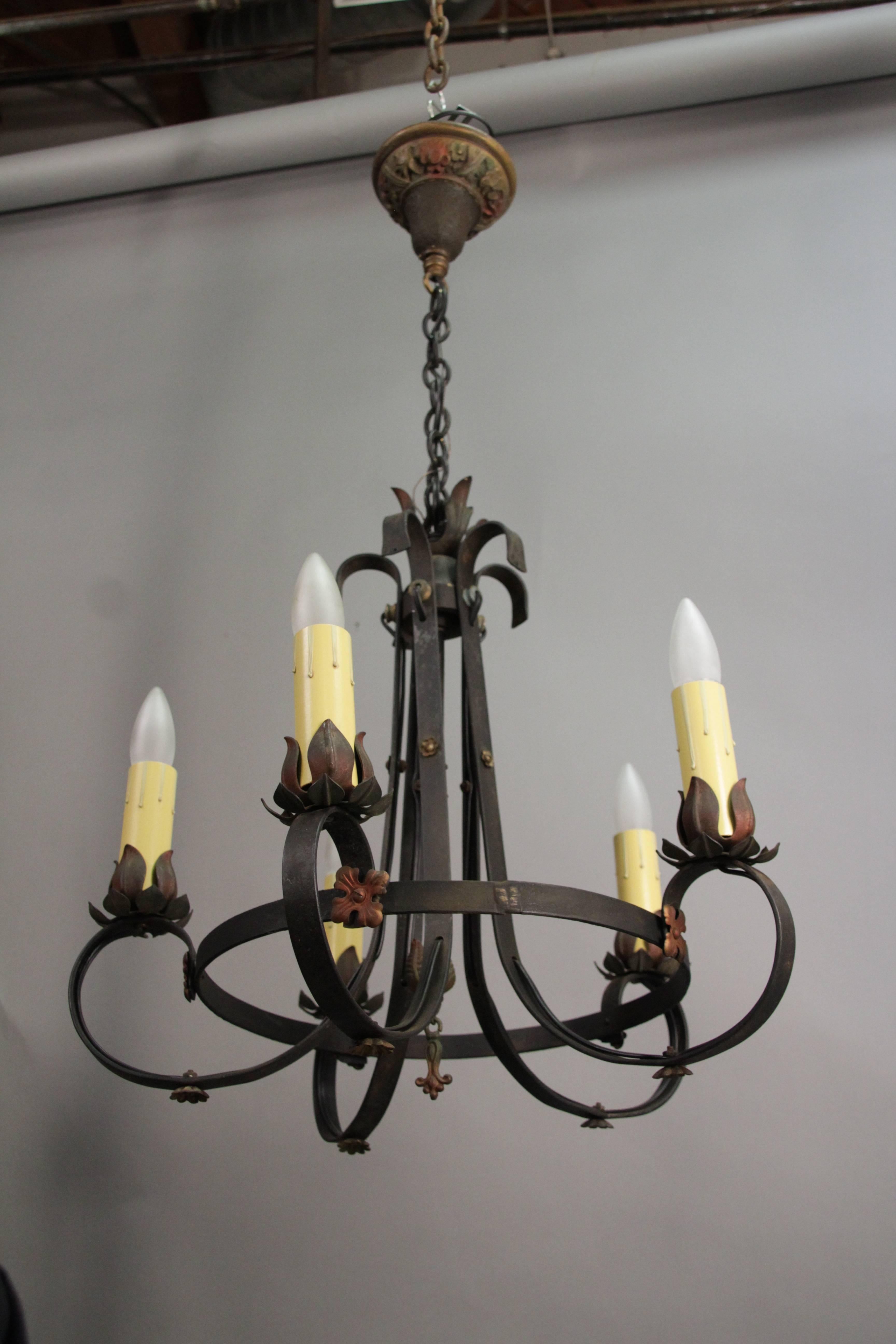 Classic Spanish Revival chandelier with original finish, circa 1920s.