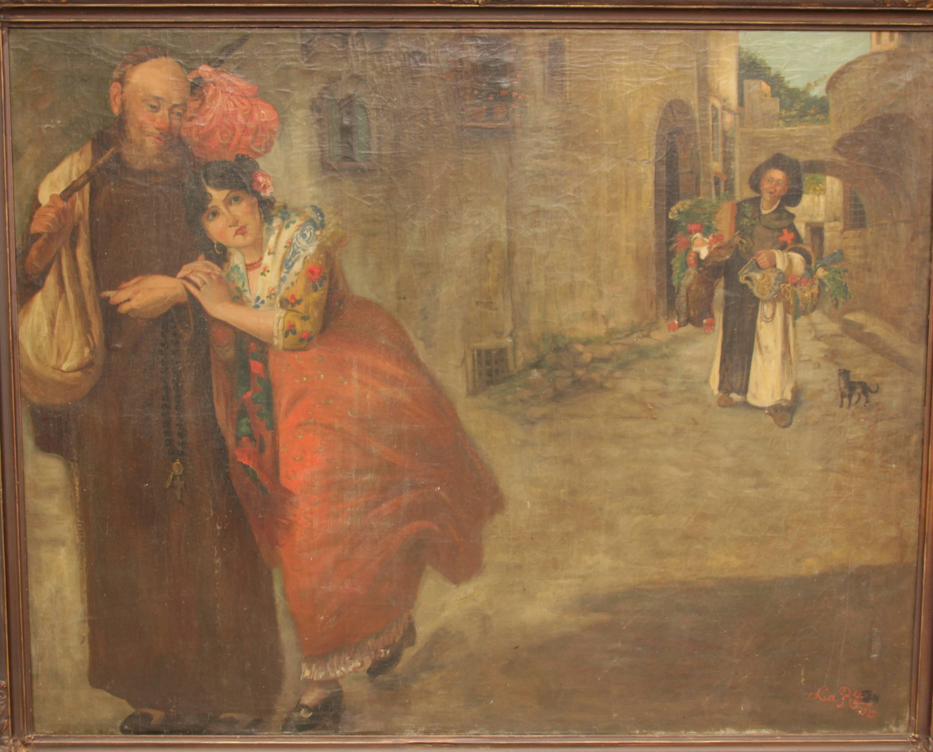 Painting of lovely maiden in a colorful dress signed La Rosa, 1915, circa 1910.