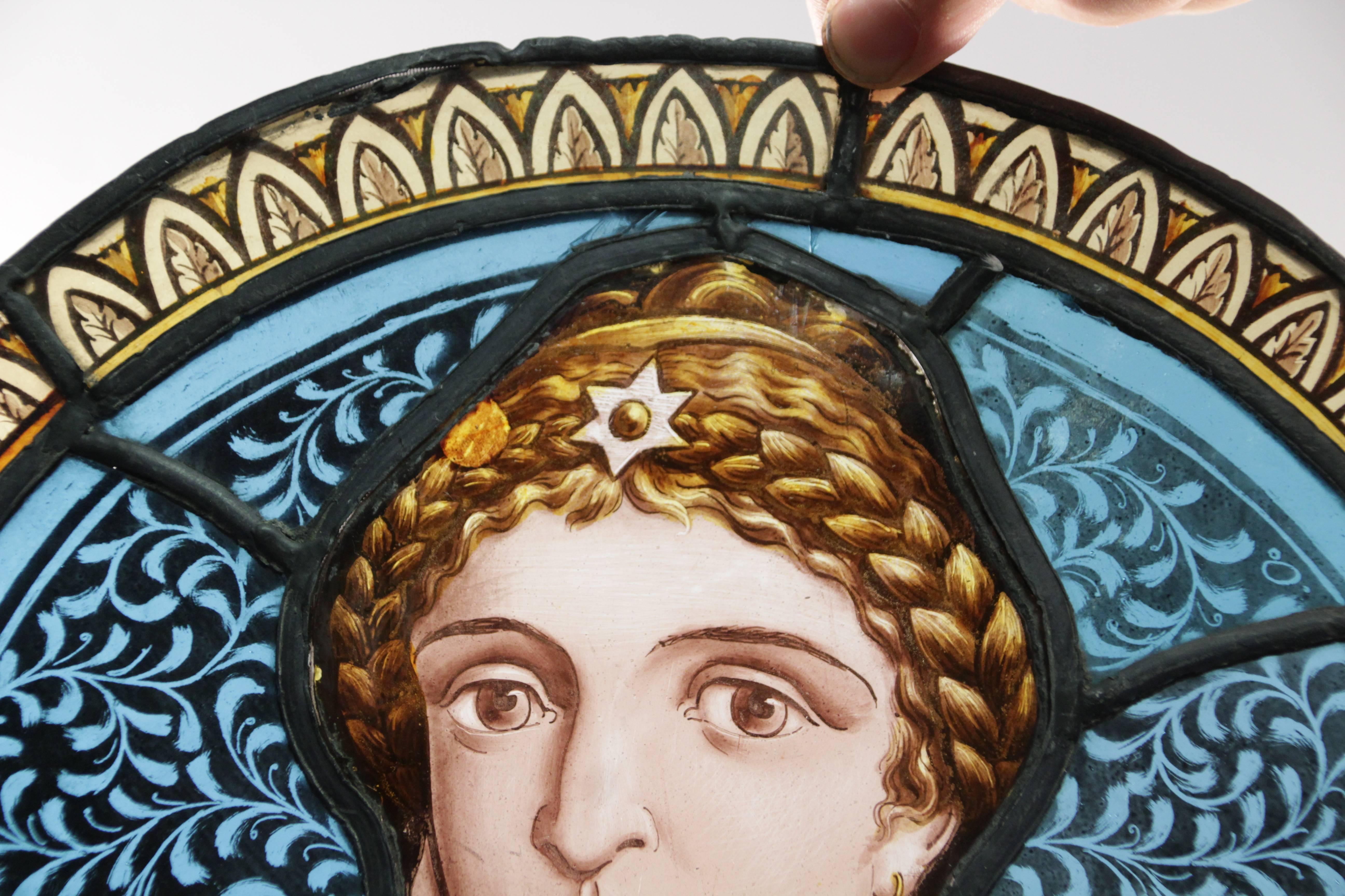 Spanish Colonial Turn of the Century Stained Glass Painted Rondelle Depicting Sappho