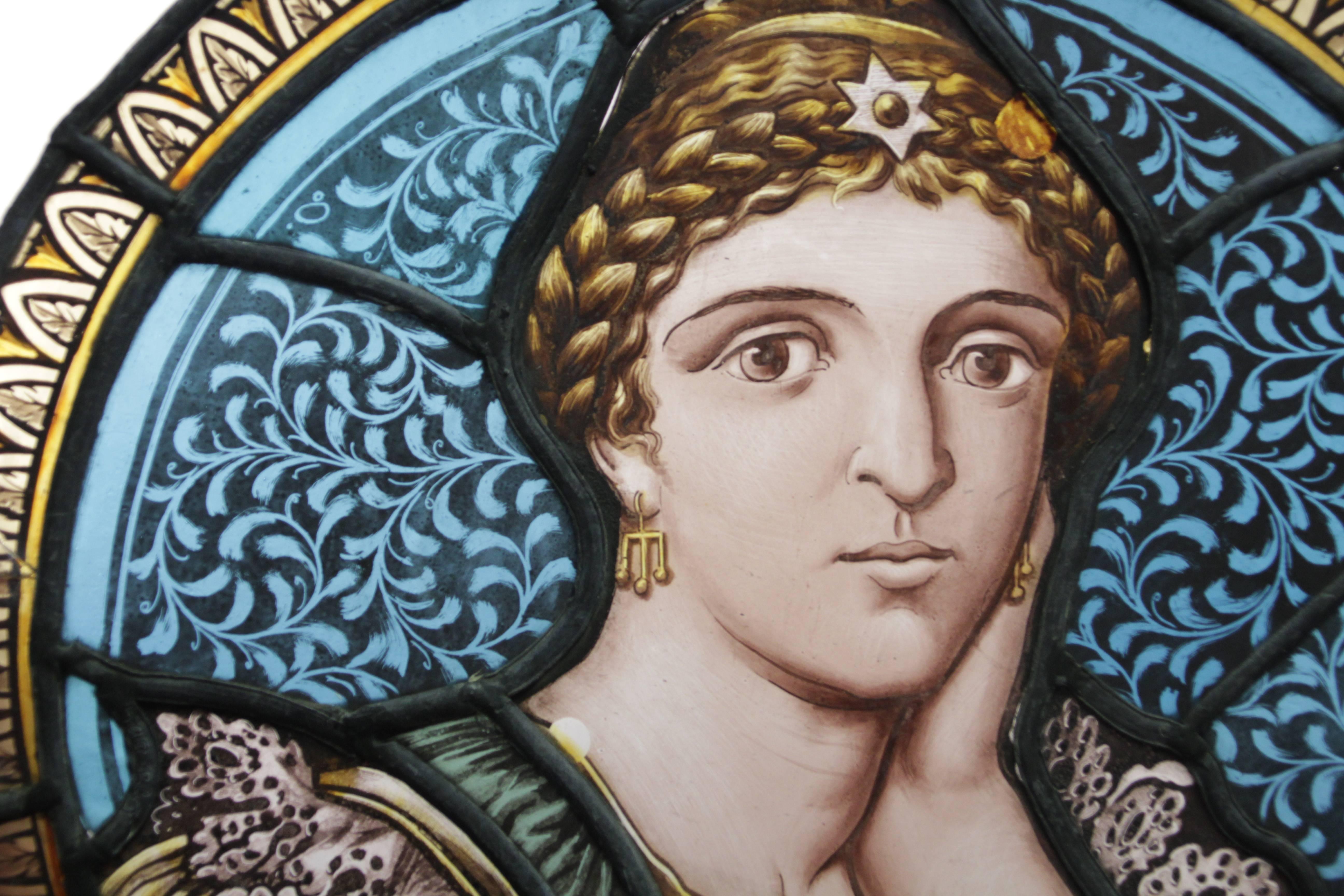 Italian Turn of the Century Stained Glass Painted Rondelle Depicting Sappho