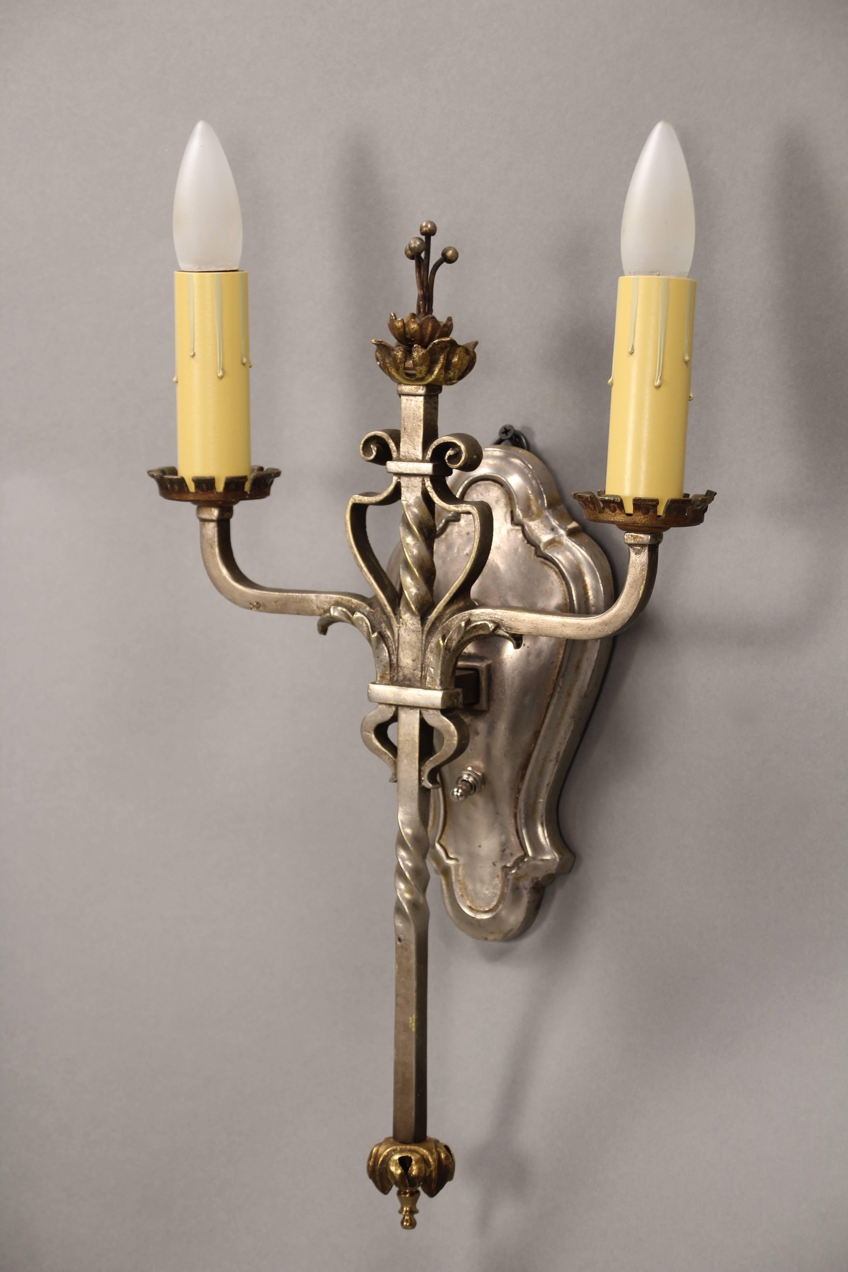 Spanish Colonial Pair of Elegant Silver Toned 1920s Sconces