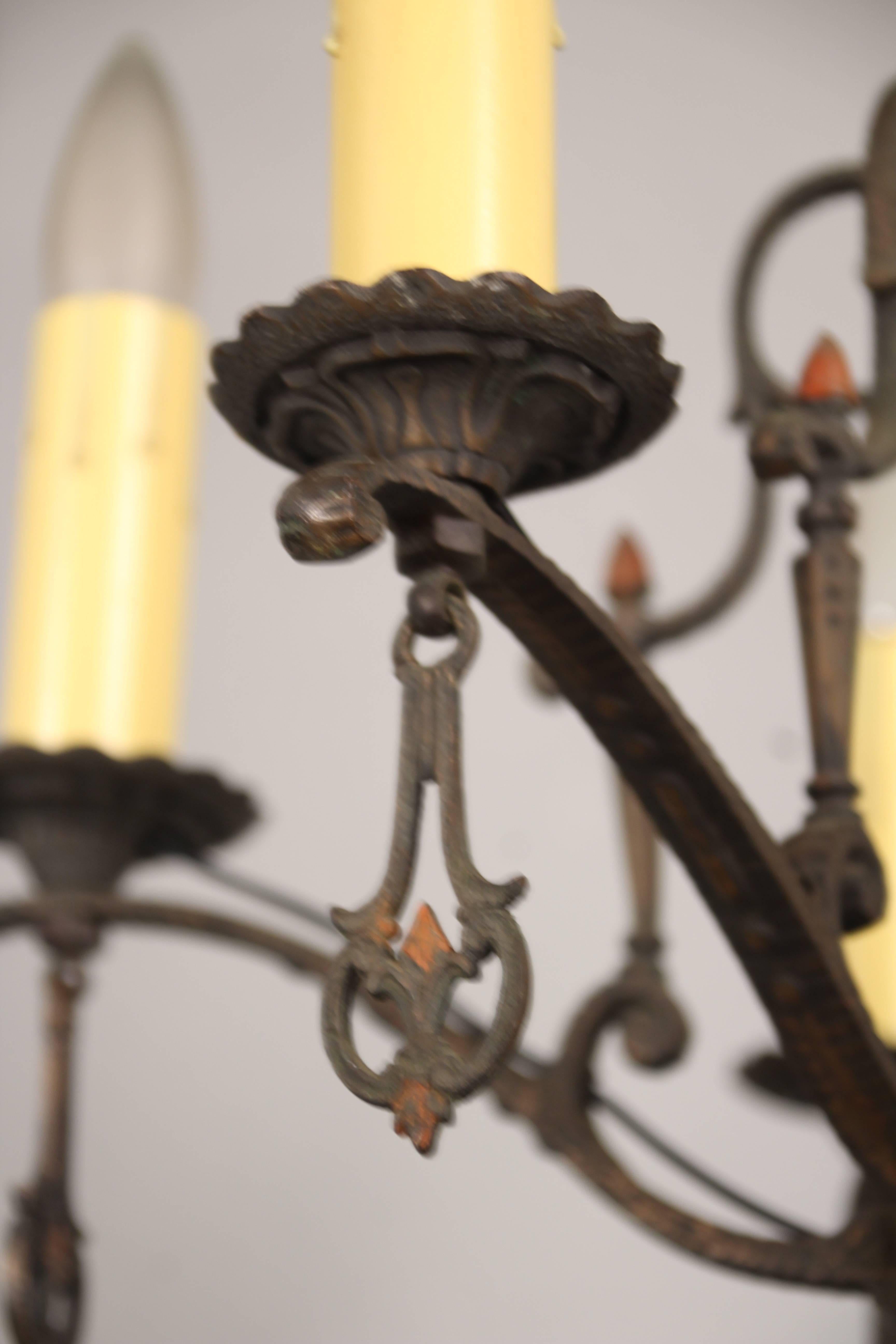 Finely detailed, 1920s Spanish Revival chandelier with original polychrome paint. Measures: 14