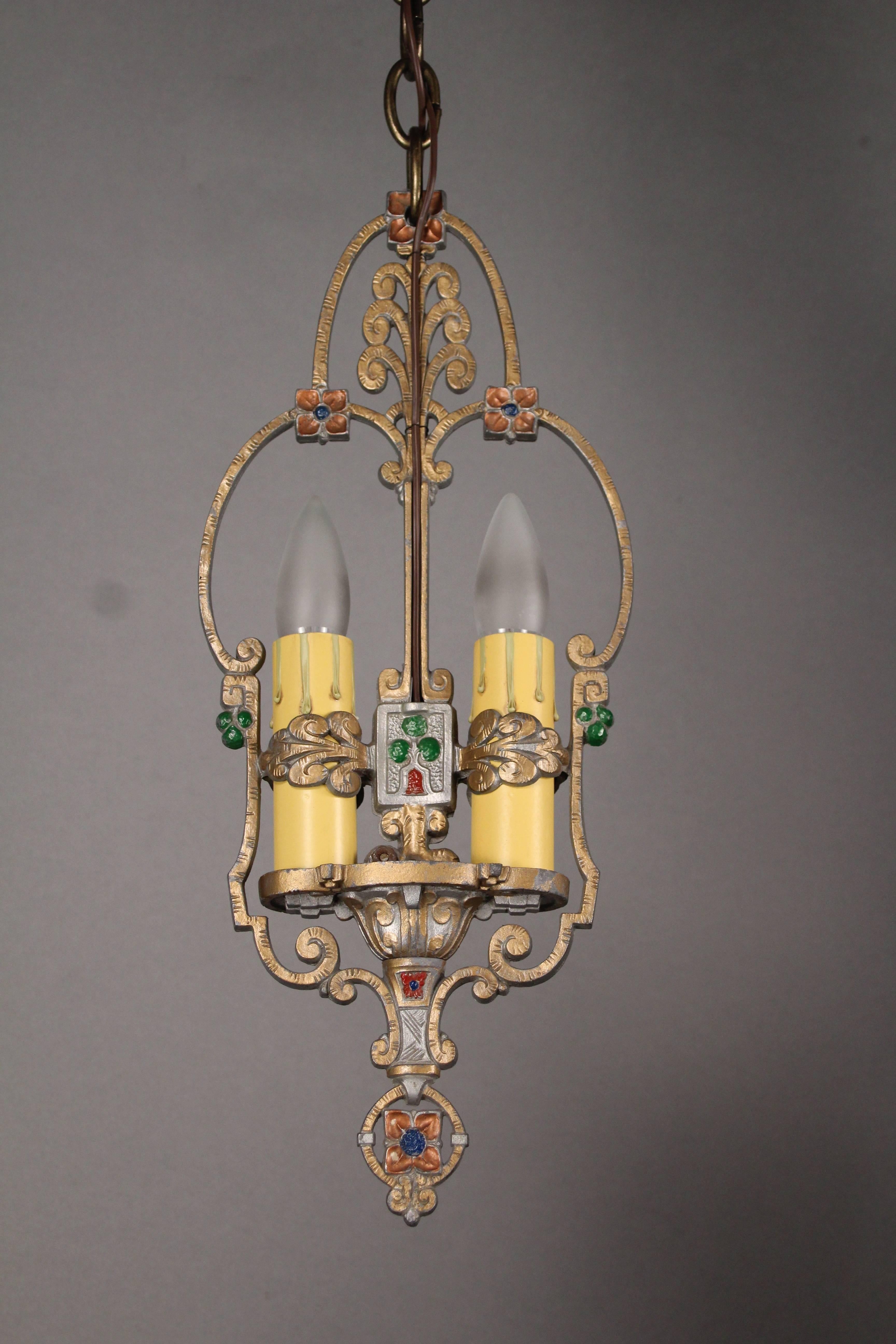North American Antique 1920s Polychrome Two-Light Pendant Light with Clover Motif