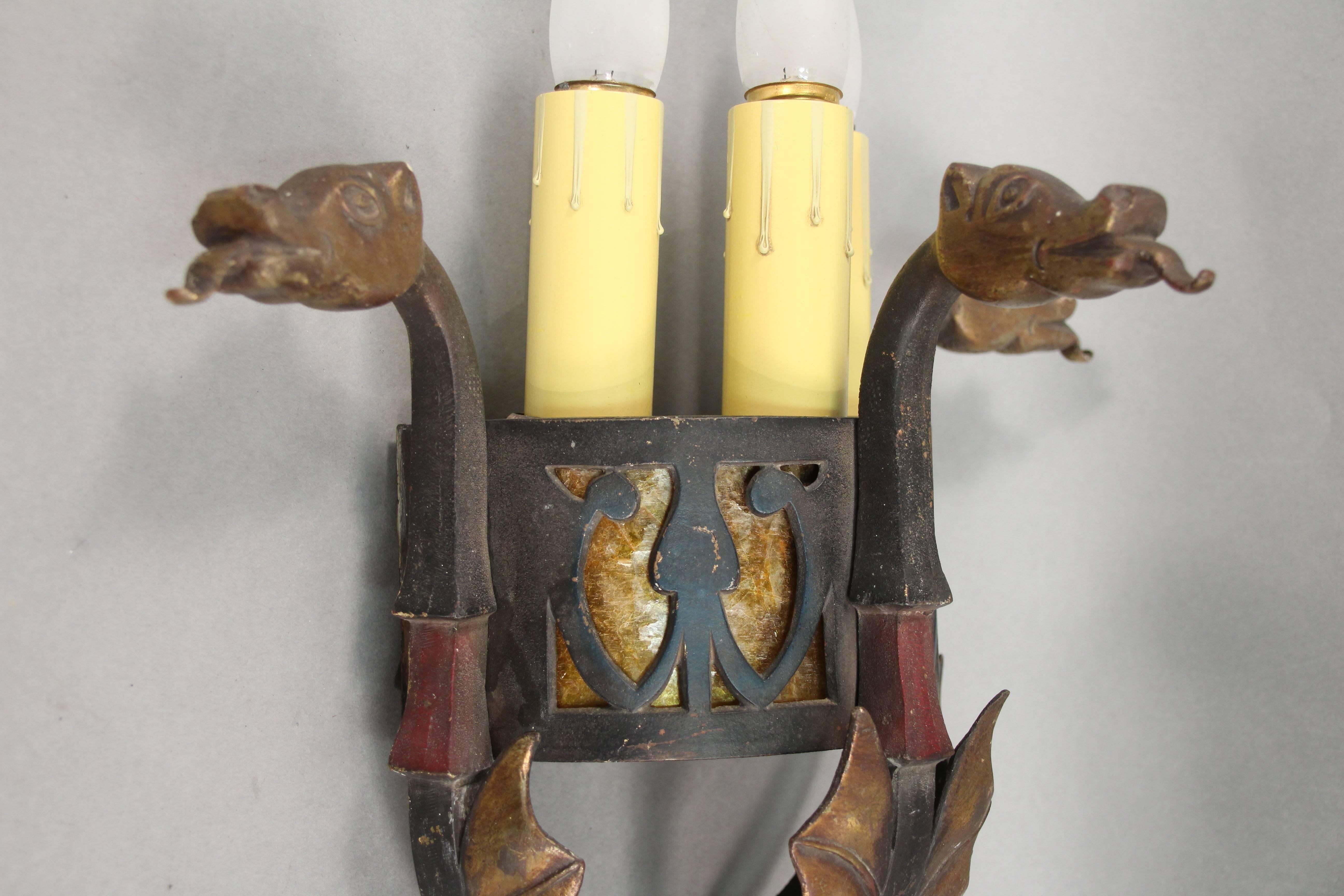Spanish Colonial Antique Sconce Attributed to Oscar Bach with Dragon Heads