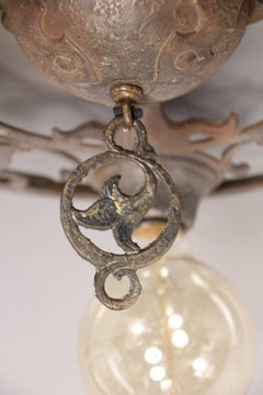 1 of 2 Three-Light 1920s Ceiling Mount with Leaf Motif