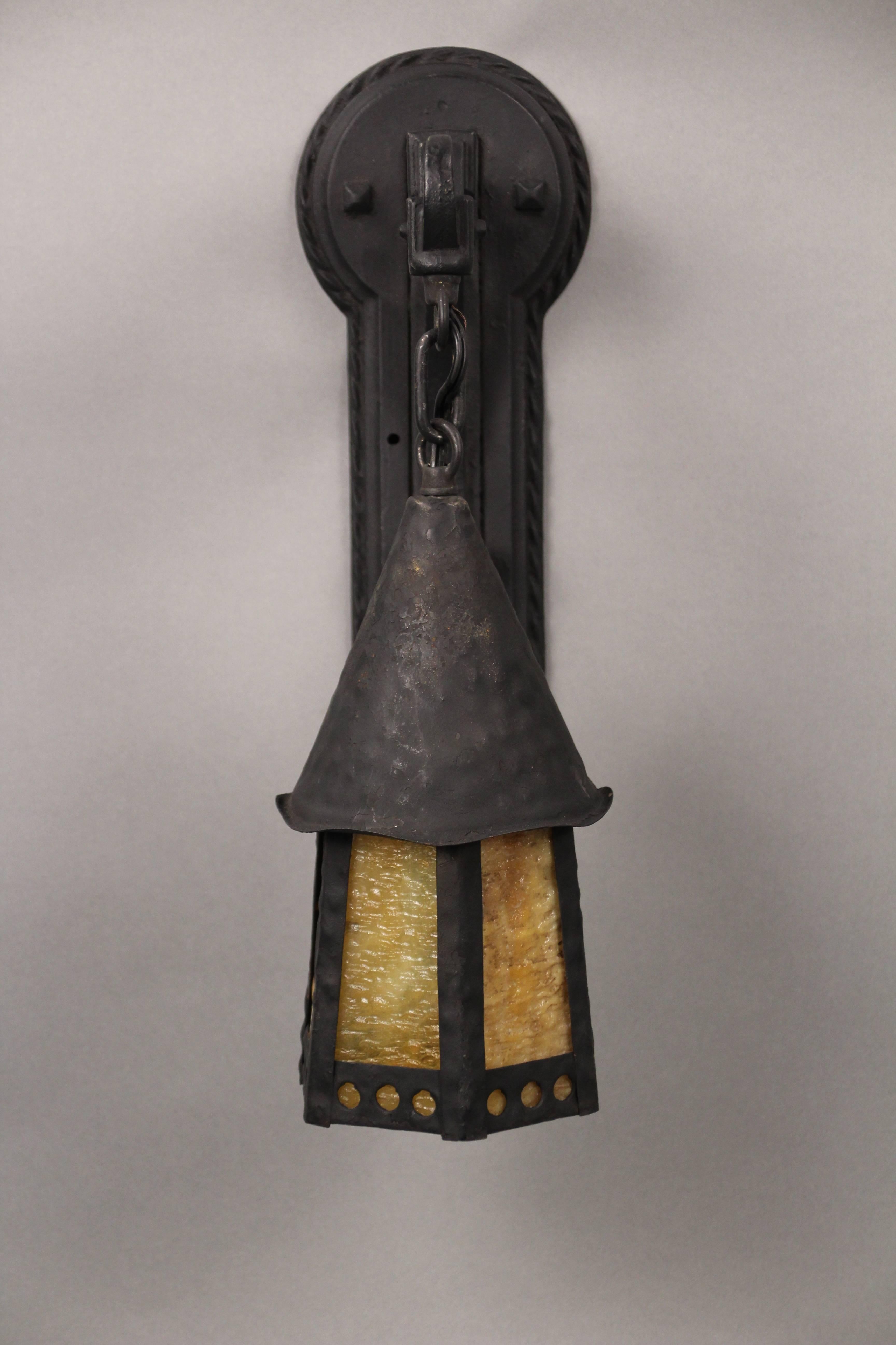 Spanish Colonial Antique Pair of Spanish Revival Outdoor Wall Lanterns with Slag Glass