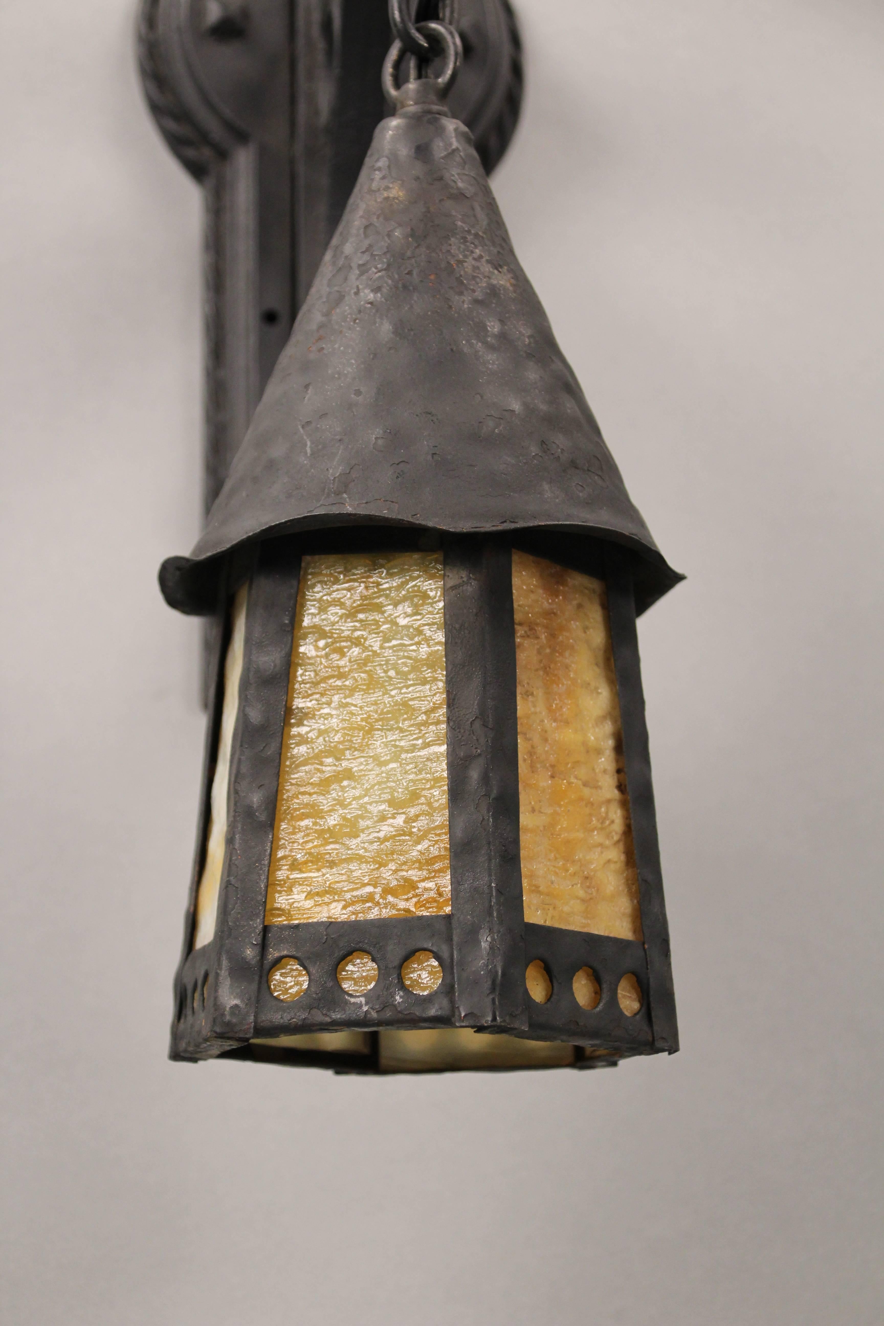 American Antique Pair of Spanish Revival Outdoor Wall Lanterns with Slag Glass