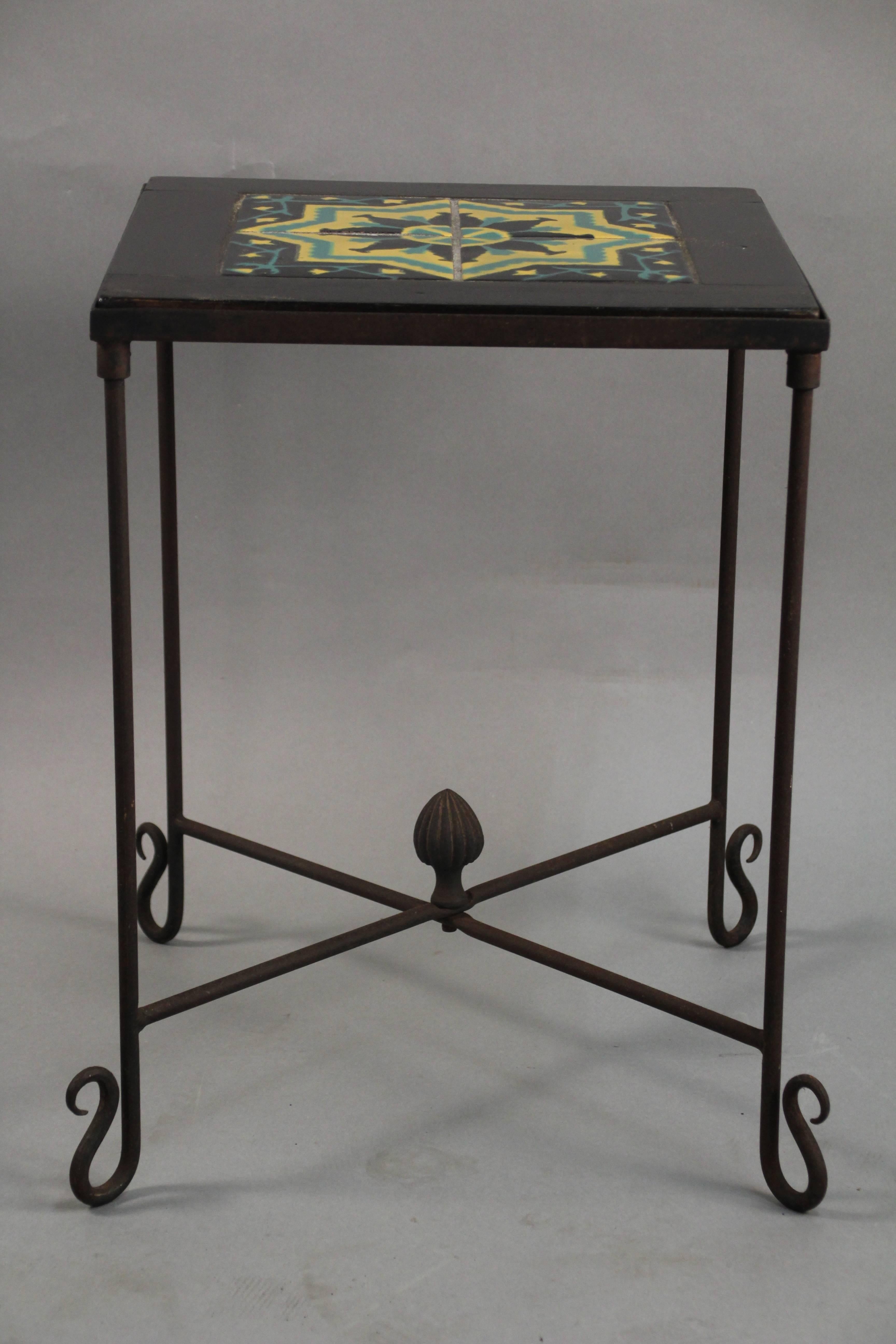 American Tall Spanish Revival Iron Base Tile Table, circa 1920s