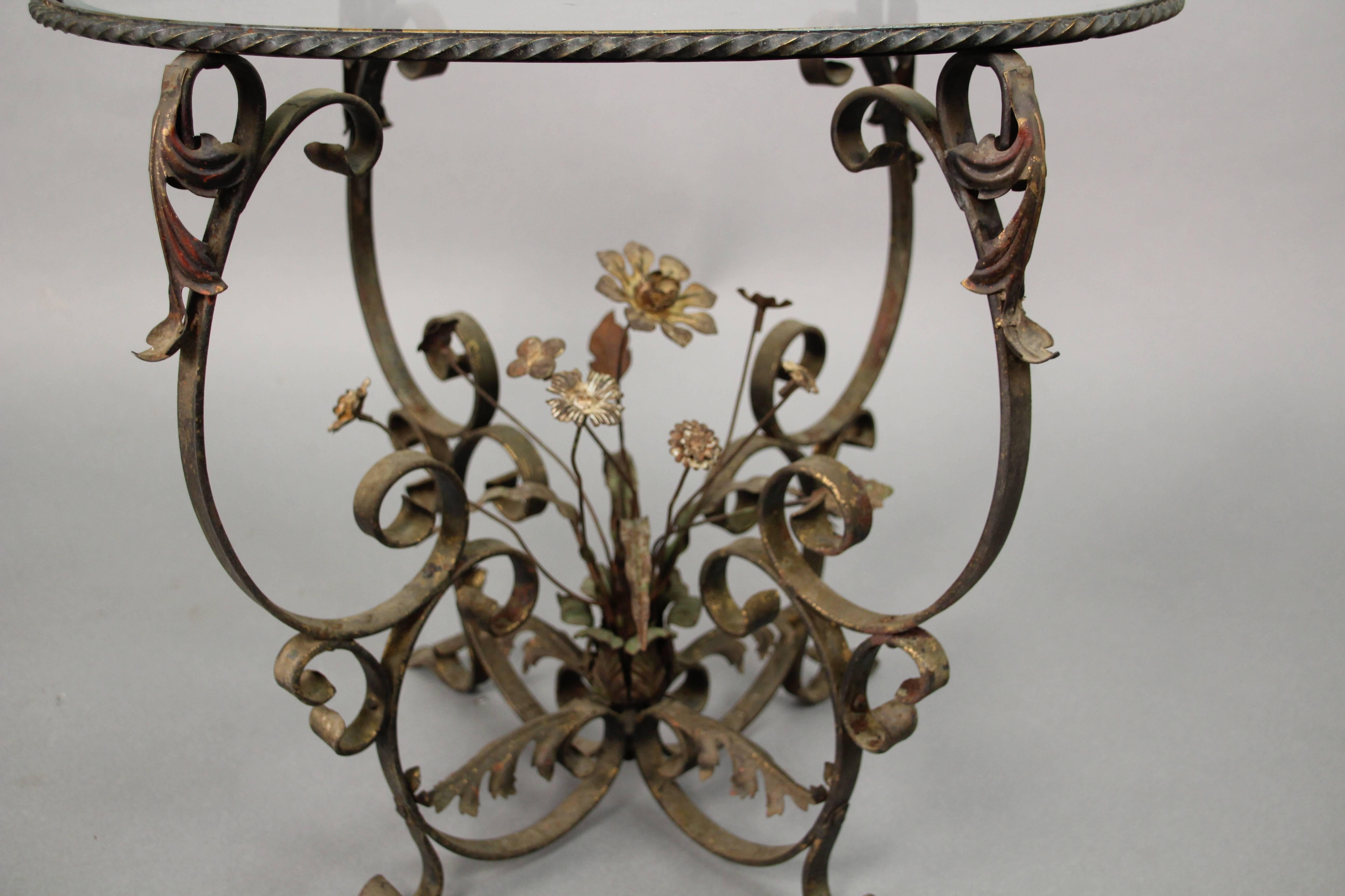 Spanish Colonial Antique 1920s Wrought Iron Garden Decorative Floral Glass Top Side Table