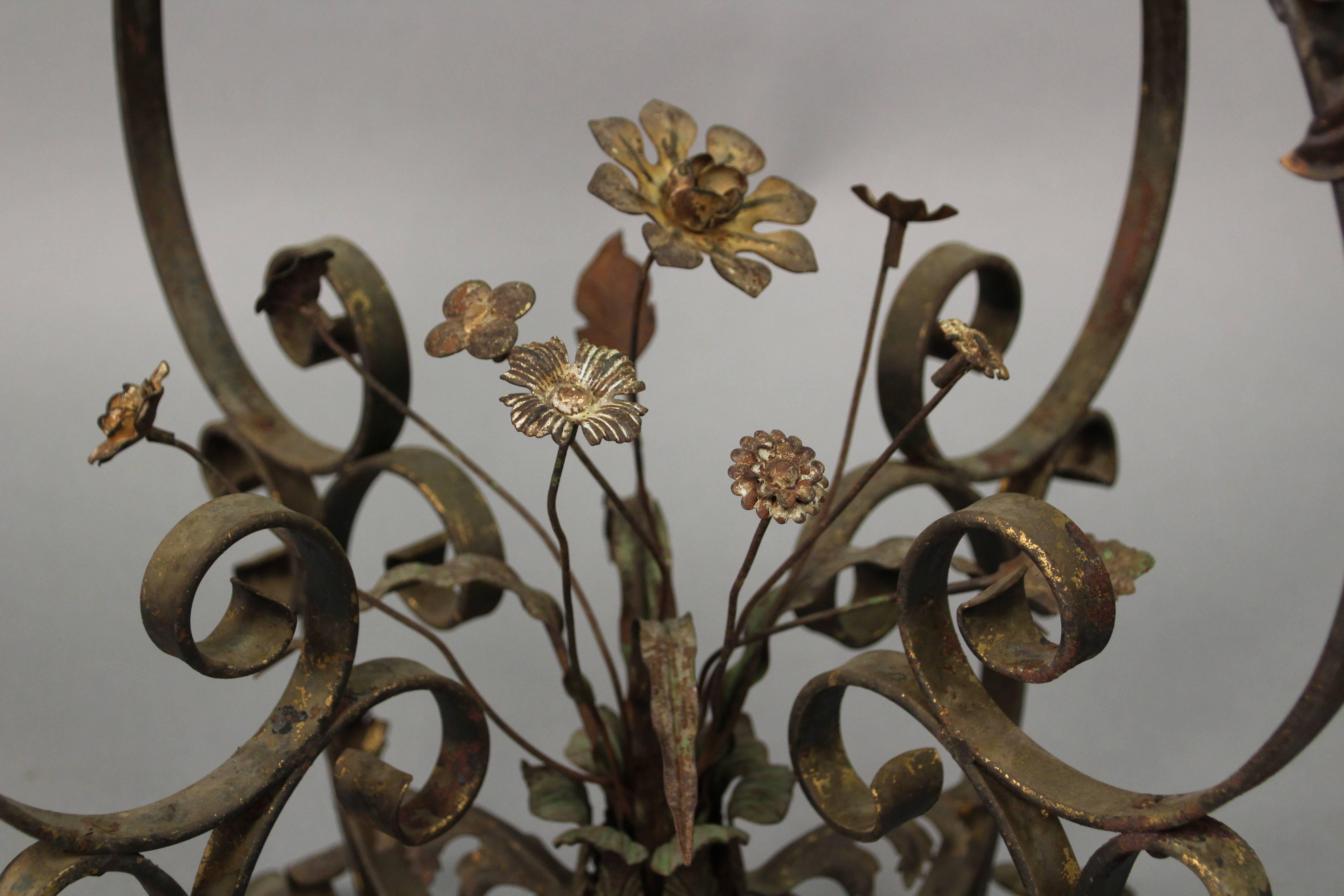 American Antique 1920s Wrought Iron Garden Decorative Floral Glass Top Side Table