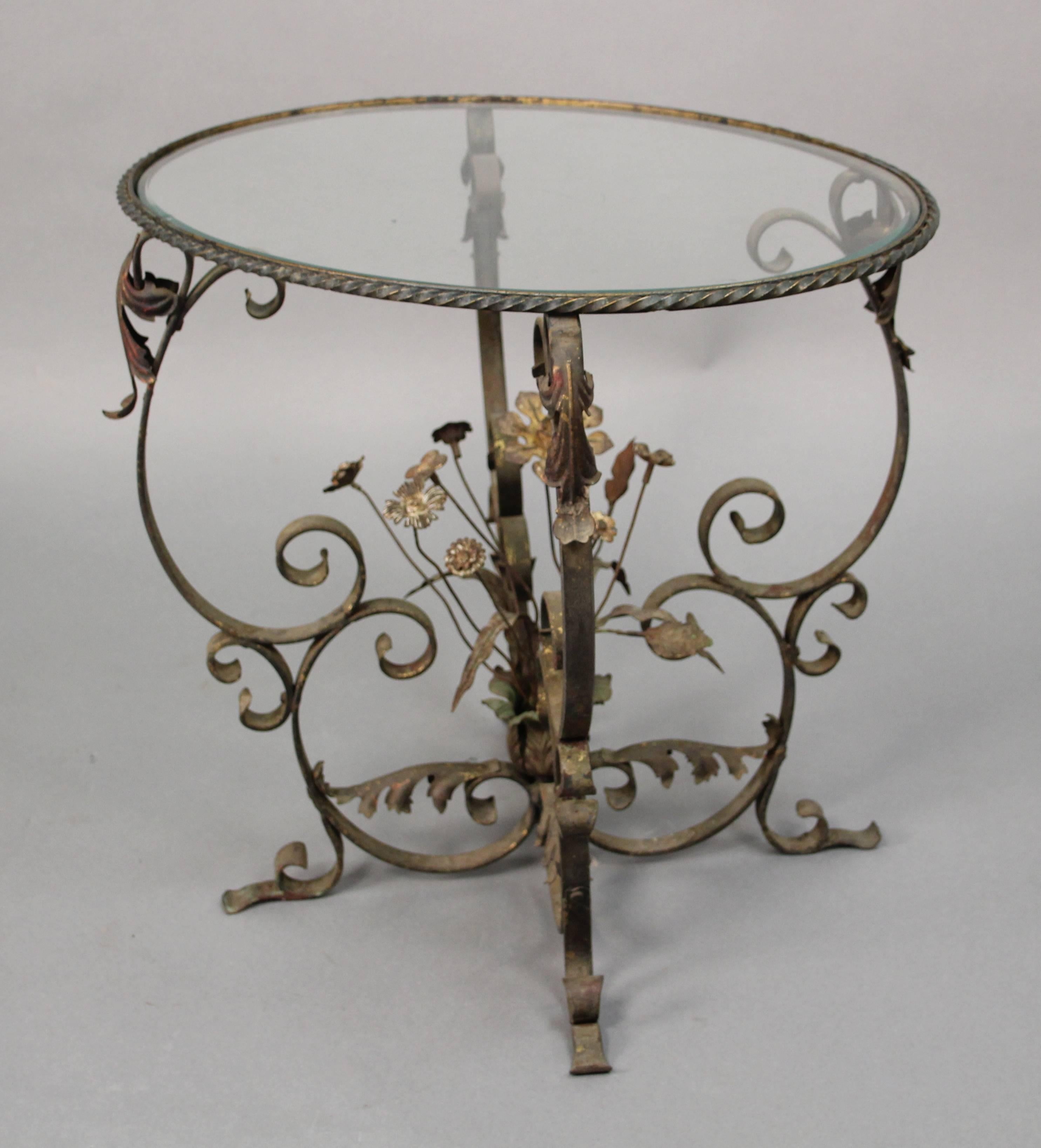 Early 20th Century Antique 1920s Wrought Iron Garden Decorative Floral Glass Top Side Table