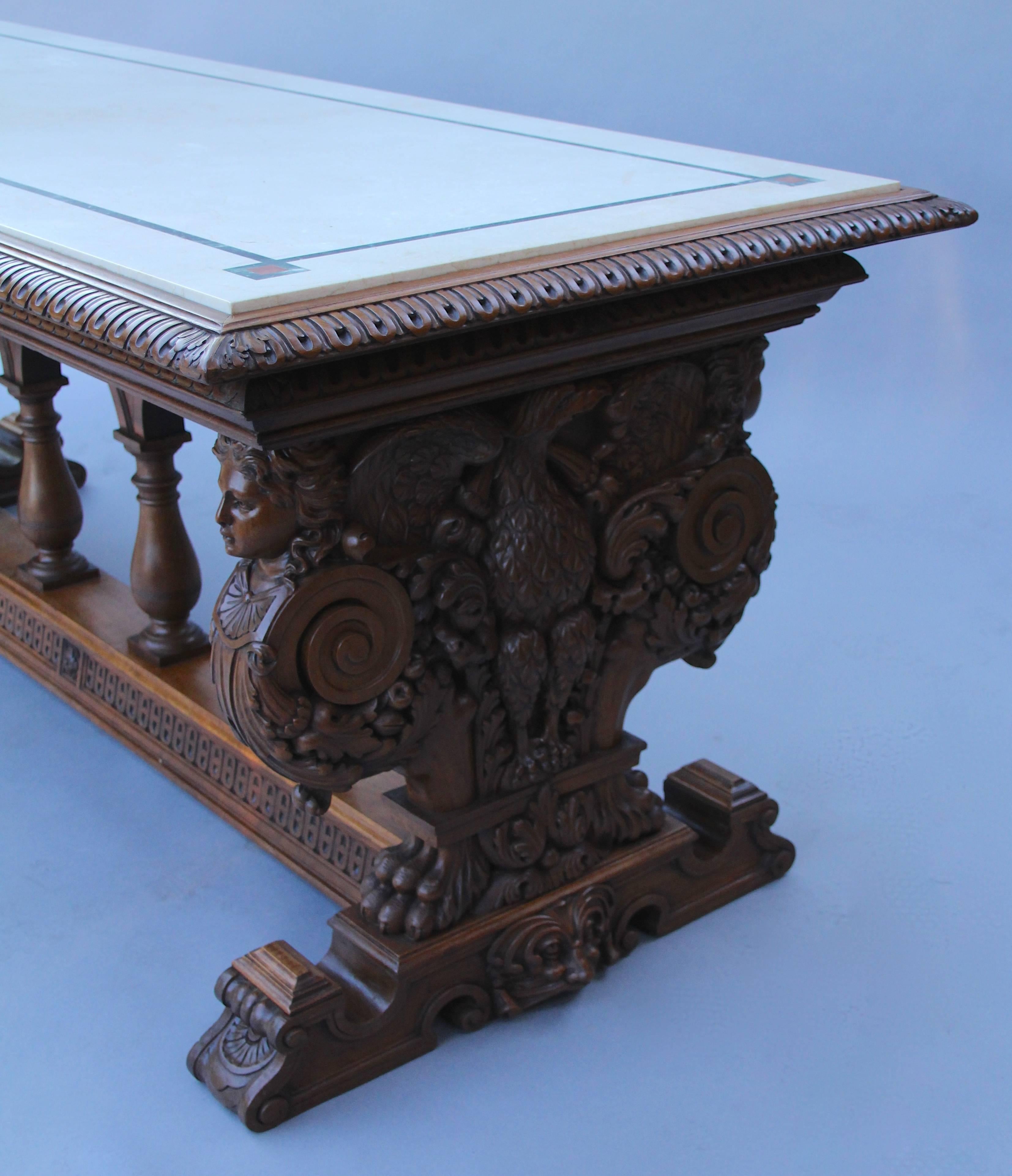 Large-scale library table with impressive Fine carving. Marble top. Original condition.