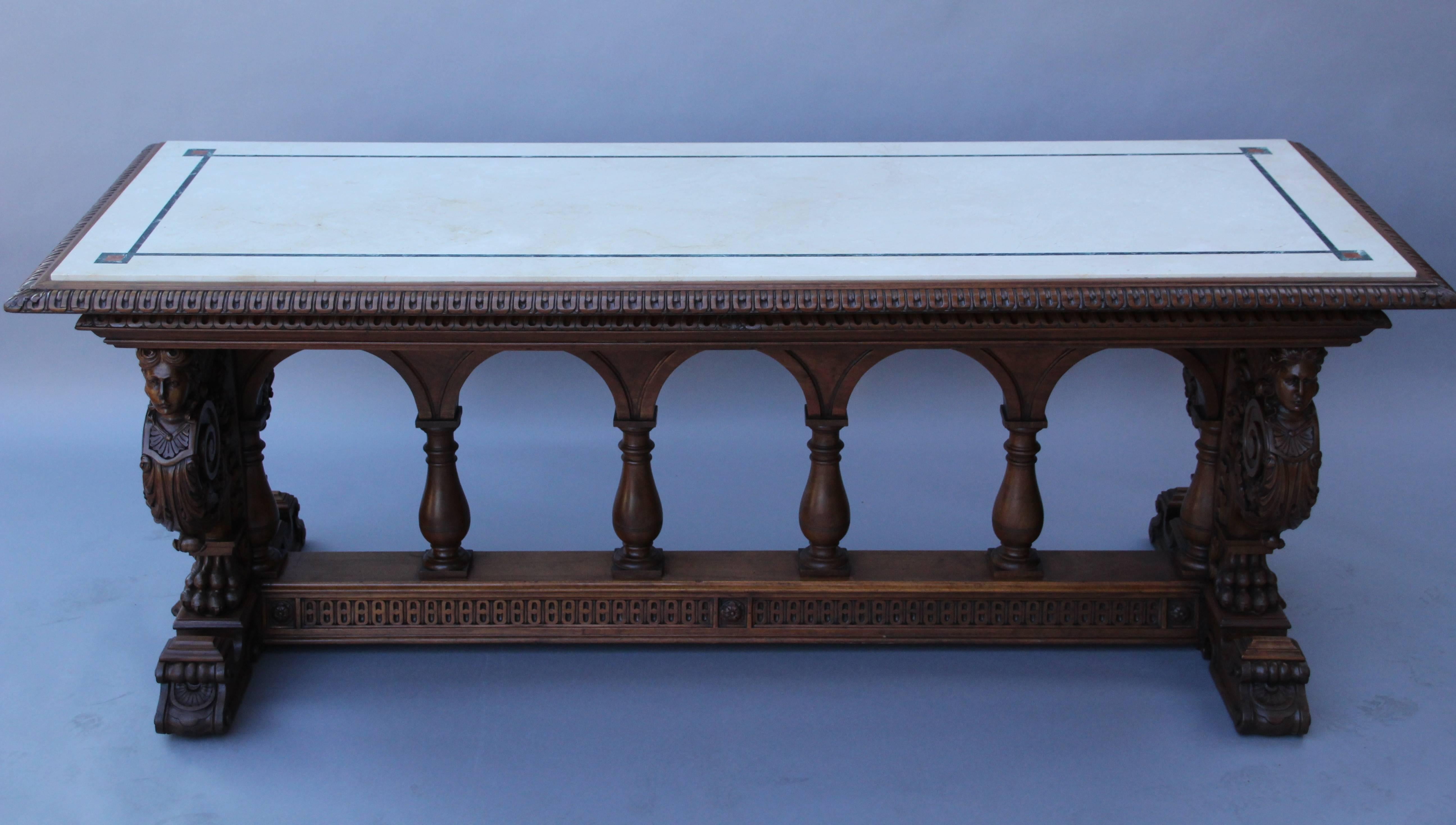 Spanish Colonial Outstanding 19th Century Carved Italian Renaissance Marble-Top Library Table