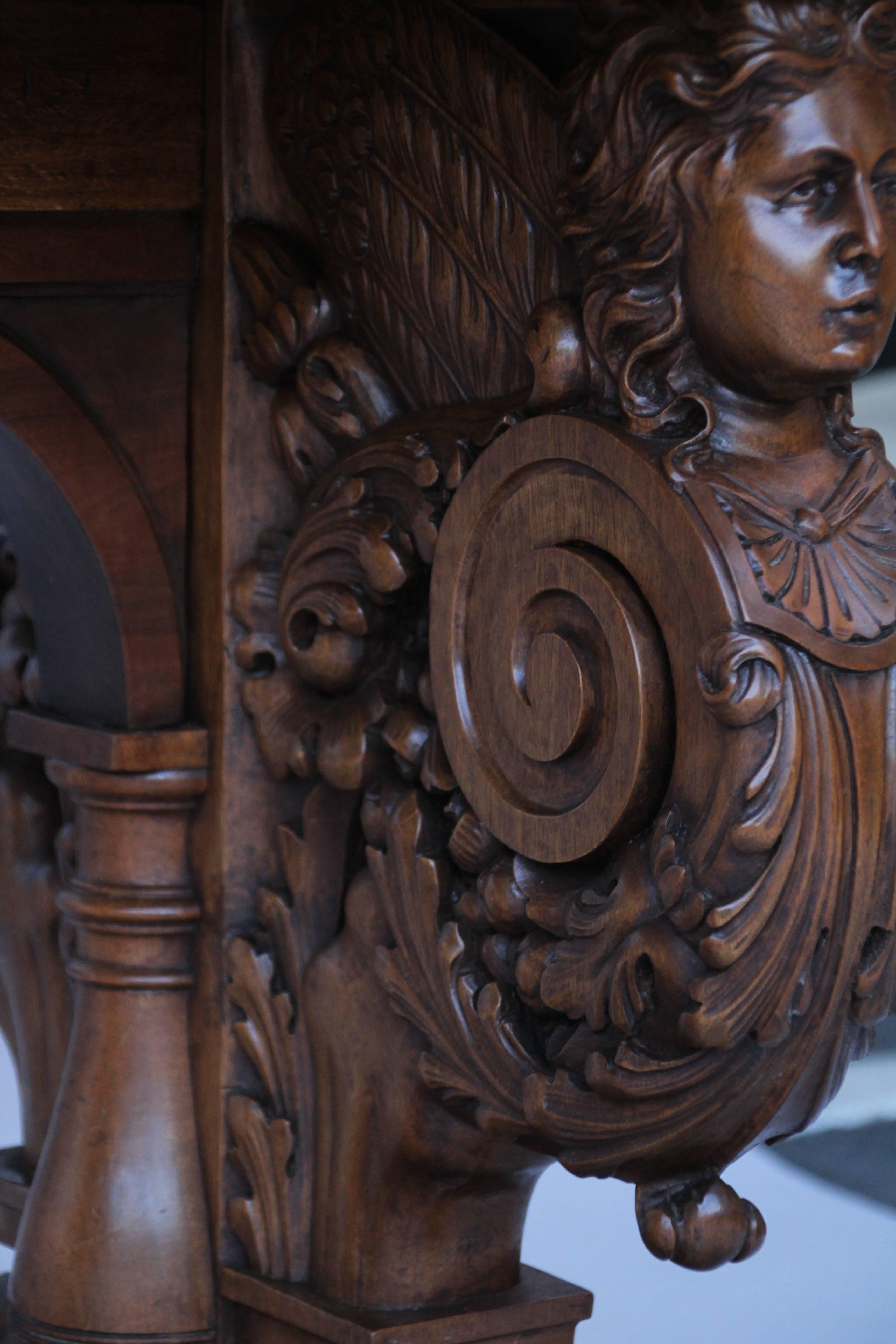 Outstanding 19th Century Carved Italian Renaissance Marble-Top Library Table In Good Condition In Pasadena, CA