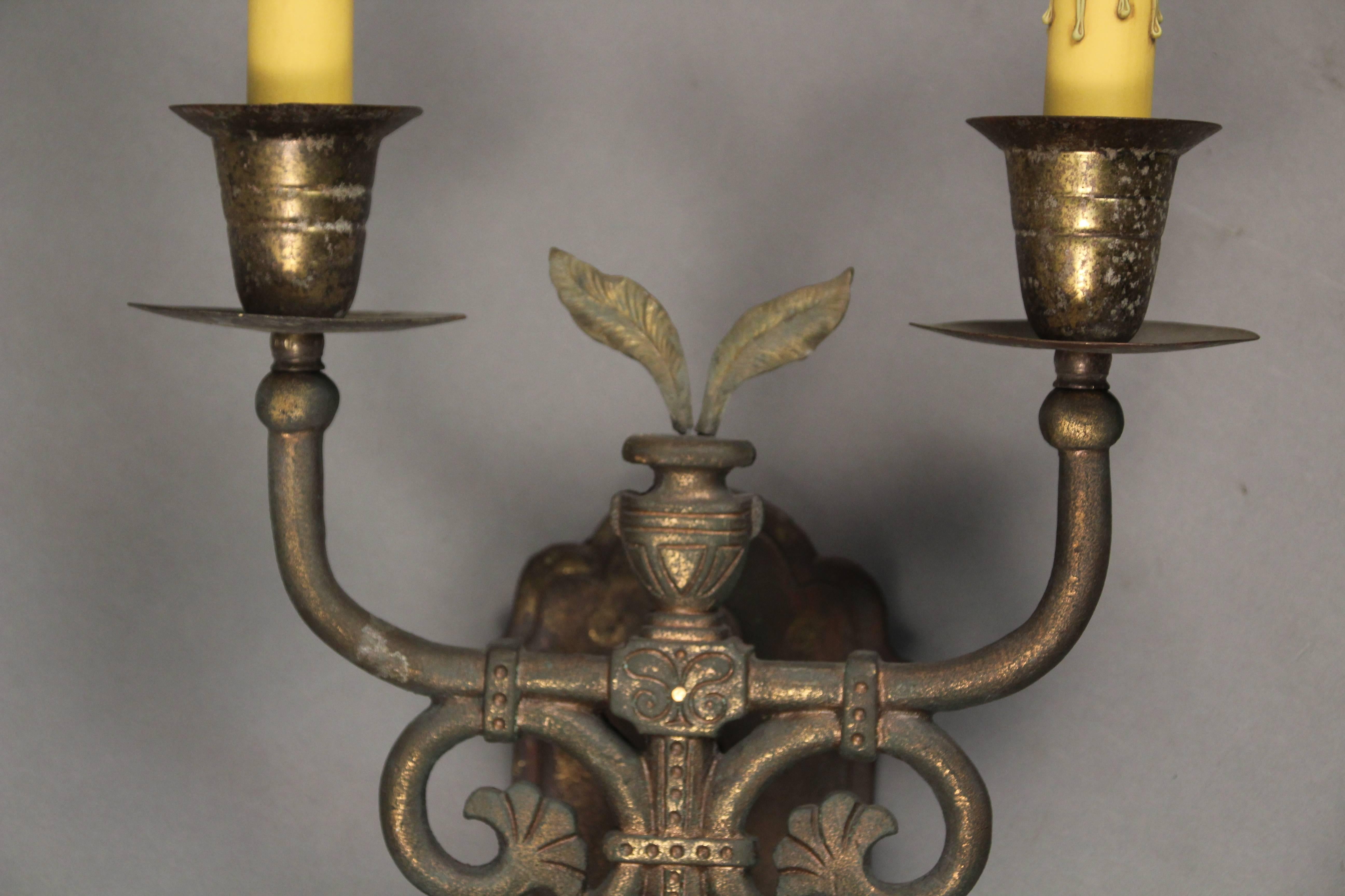 American Antique Pair of Large-Scale Spanish Revival Double Sconces, circa 1920s