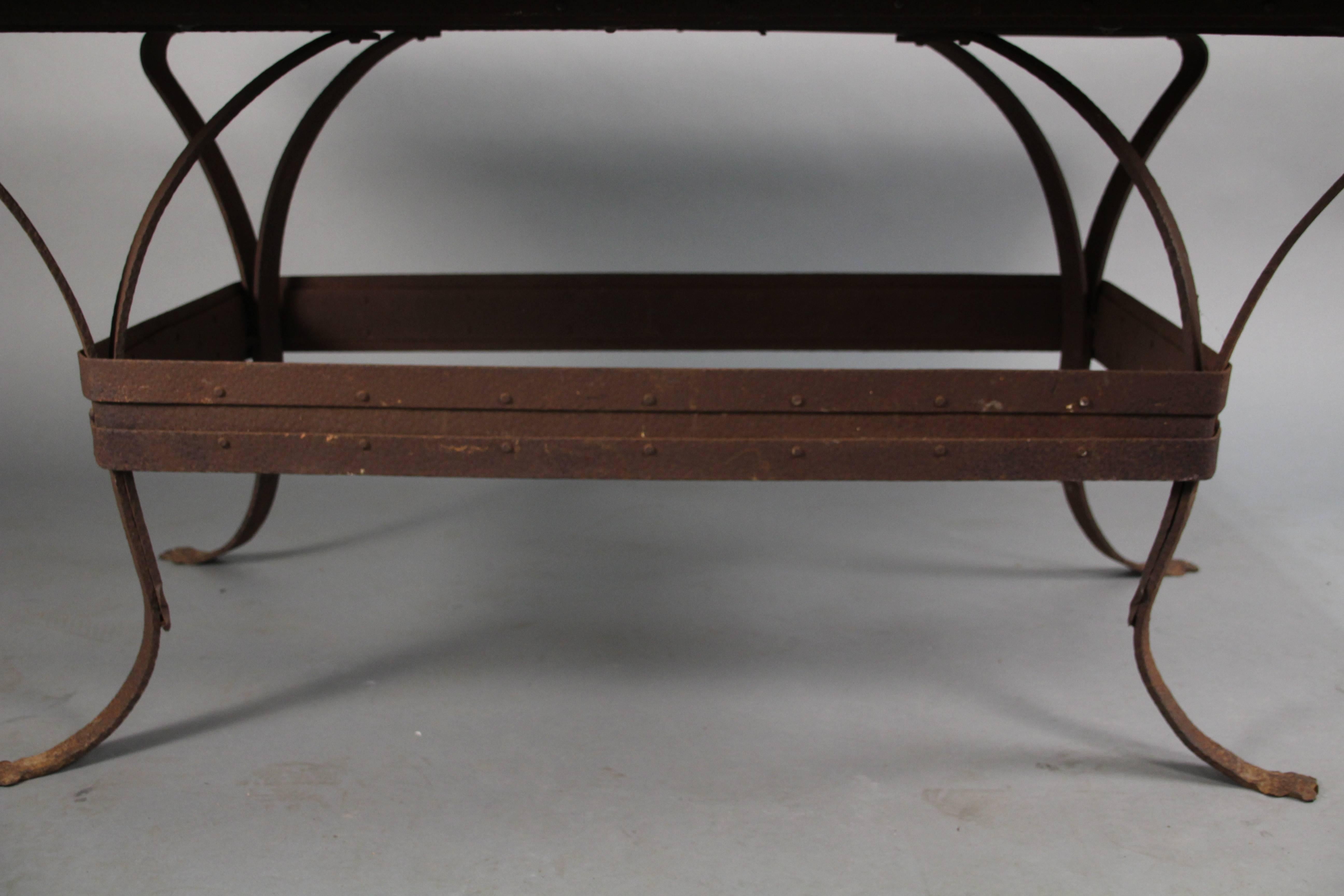 Antique Rustic Iron Table with Salvaged Top and Riveted Construction In Good Condition For Sale In Pasadena, CA