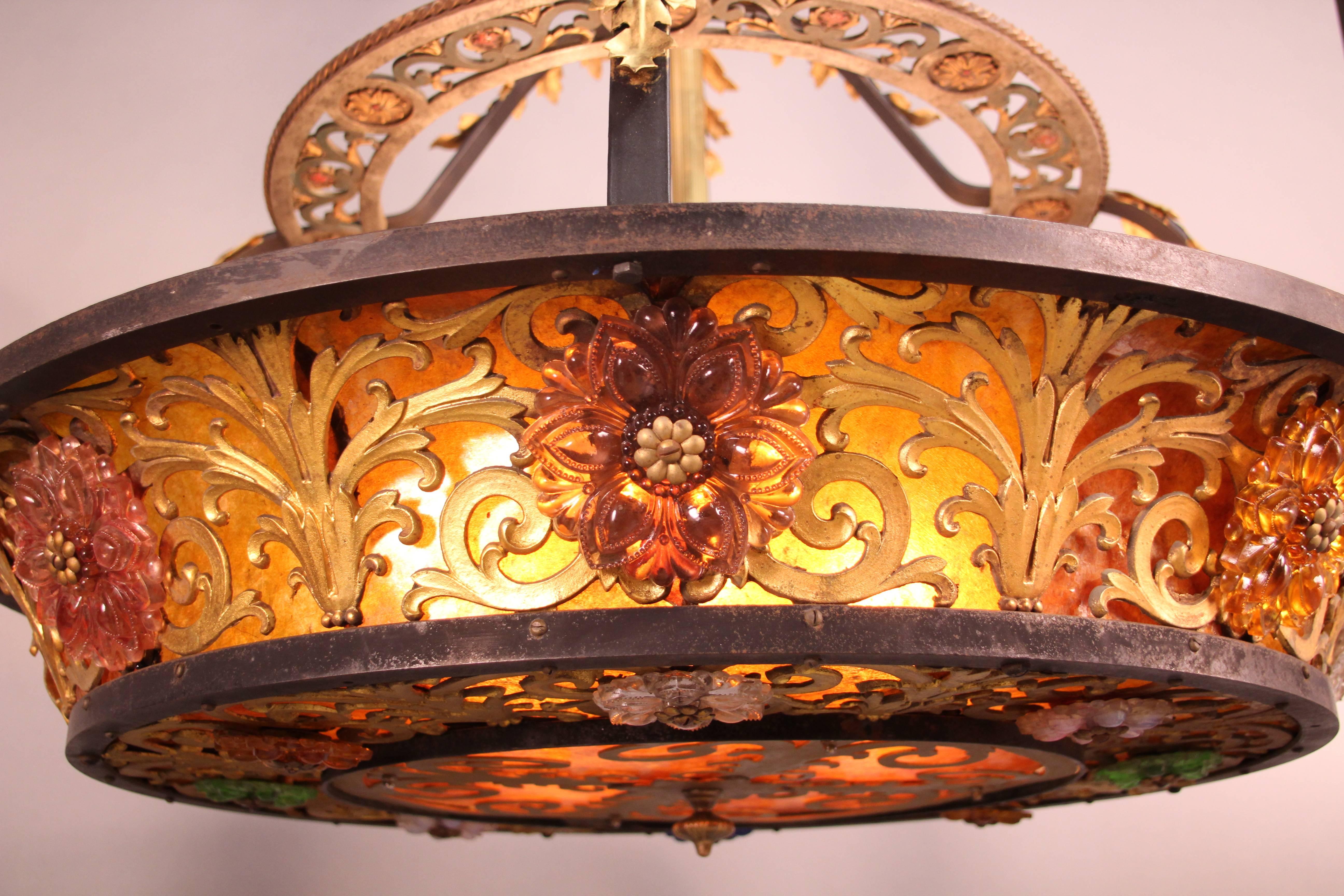 Spanish Colonial Antique Large-Scale 1920s Chandelier with Murano Flowers and Mica
