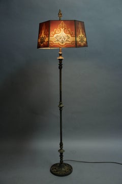 Antique Spanish Revival Floor Lamp with Polychrome Base and Metal Mesh Shade