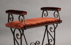 1920s Spanish Revival Iron Bench with Red Velvet Upholstery