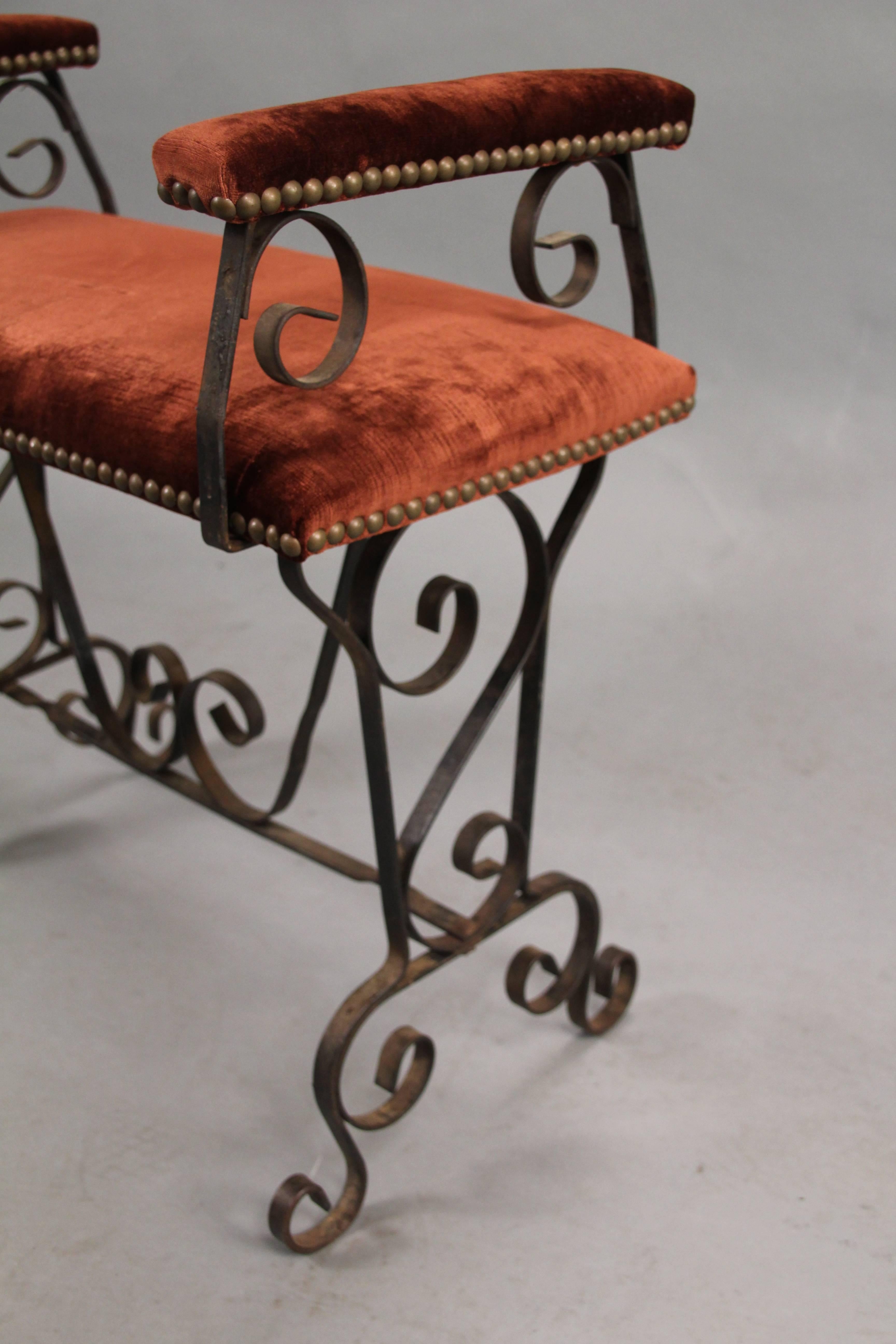 Spanish Colonial 1920s Spanish Revival Iron Bench with Red Velvet Upholstery