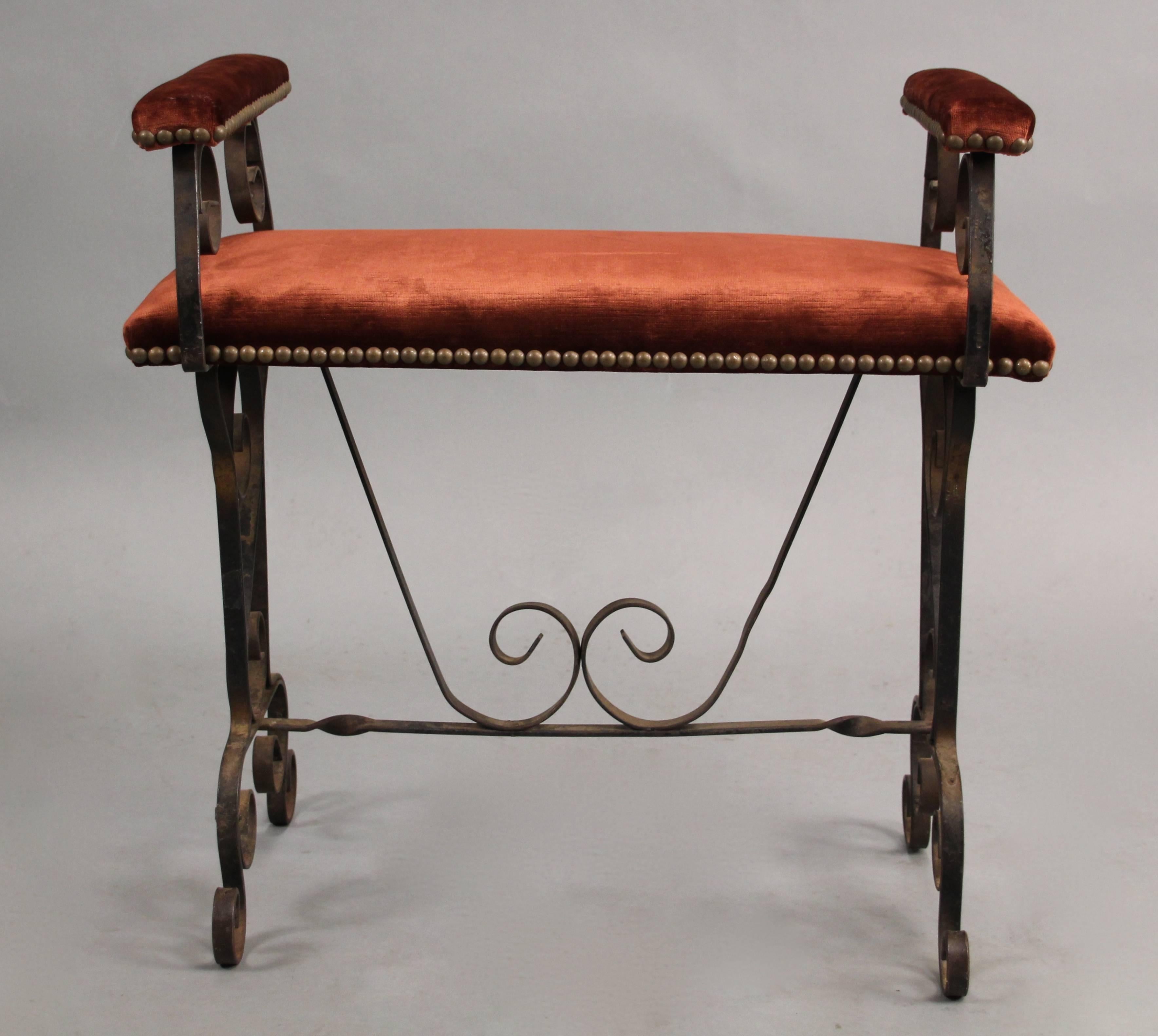 North American 1920s Spanish Revival Iron Bench with Red Velvet Upholstery