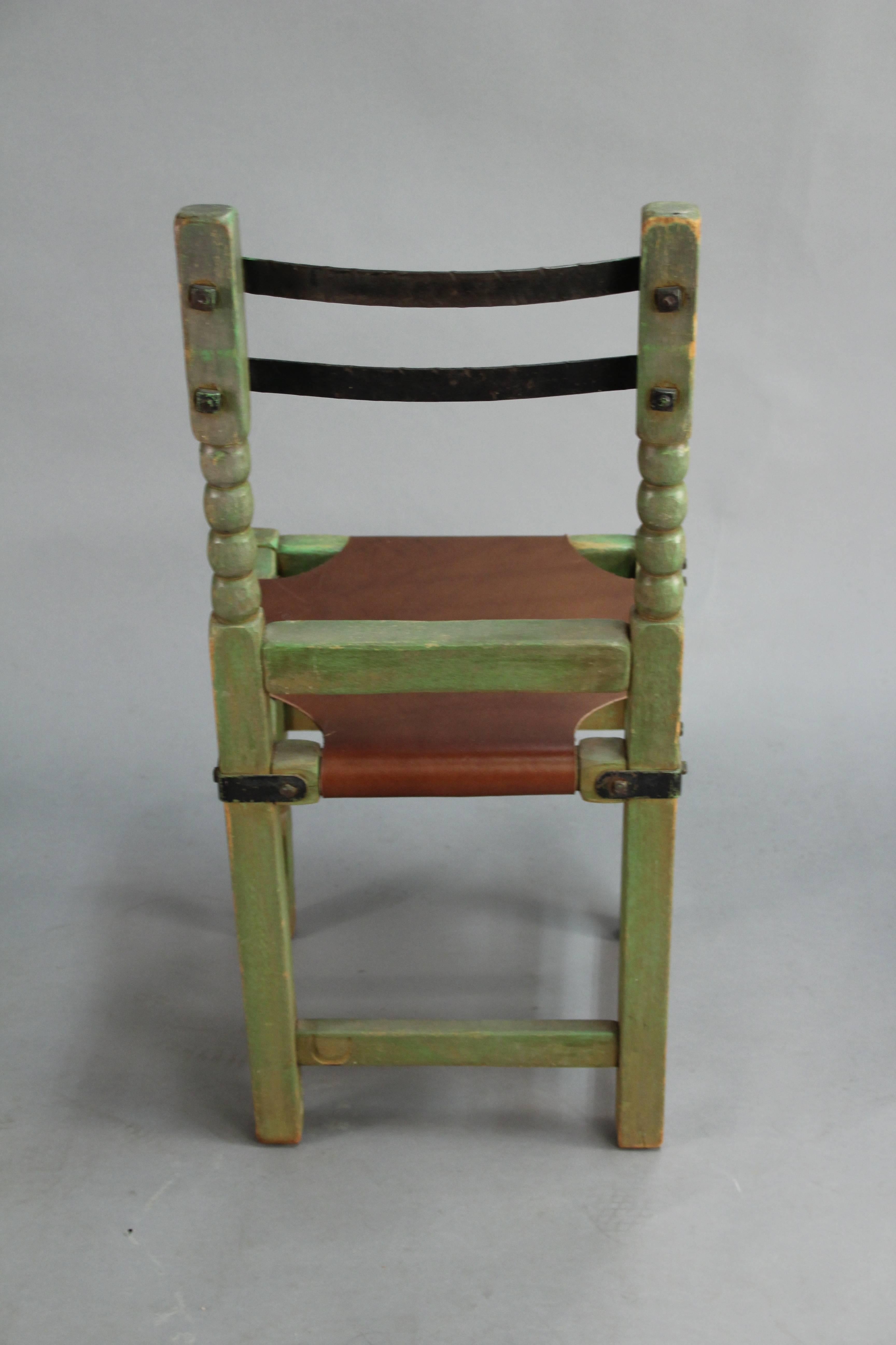 Rancho Monterey Green Side Chair with Iron Straps and Leather Upholstery In Good Condition In Pasadena, CA