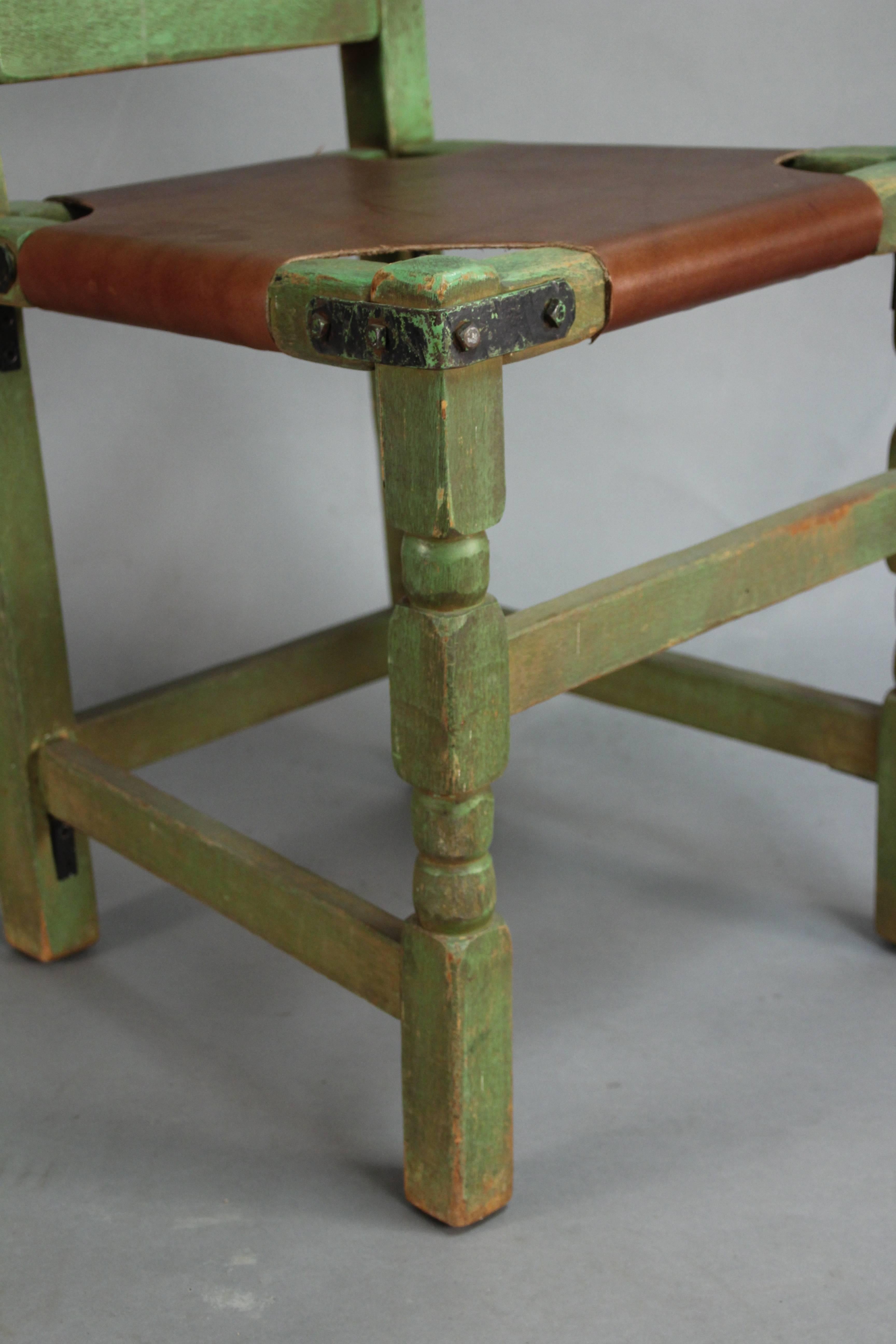 Mid-20th Century Rancho Monterey Green Side Chair with Iron Straps and Leather Upholstery
