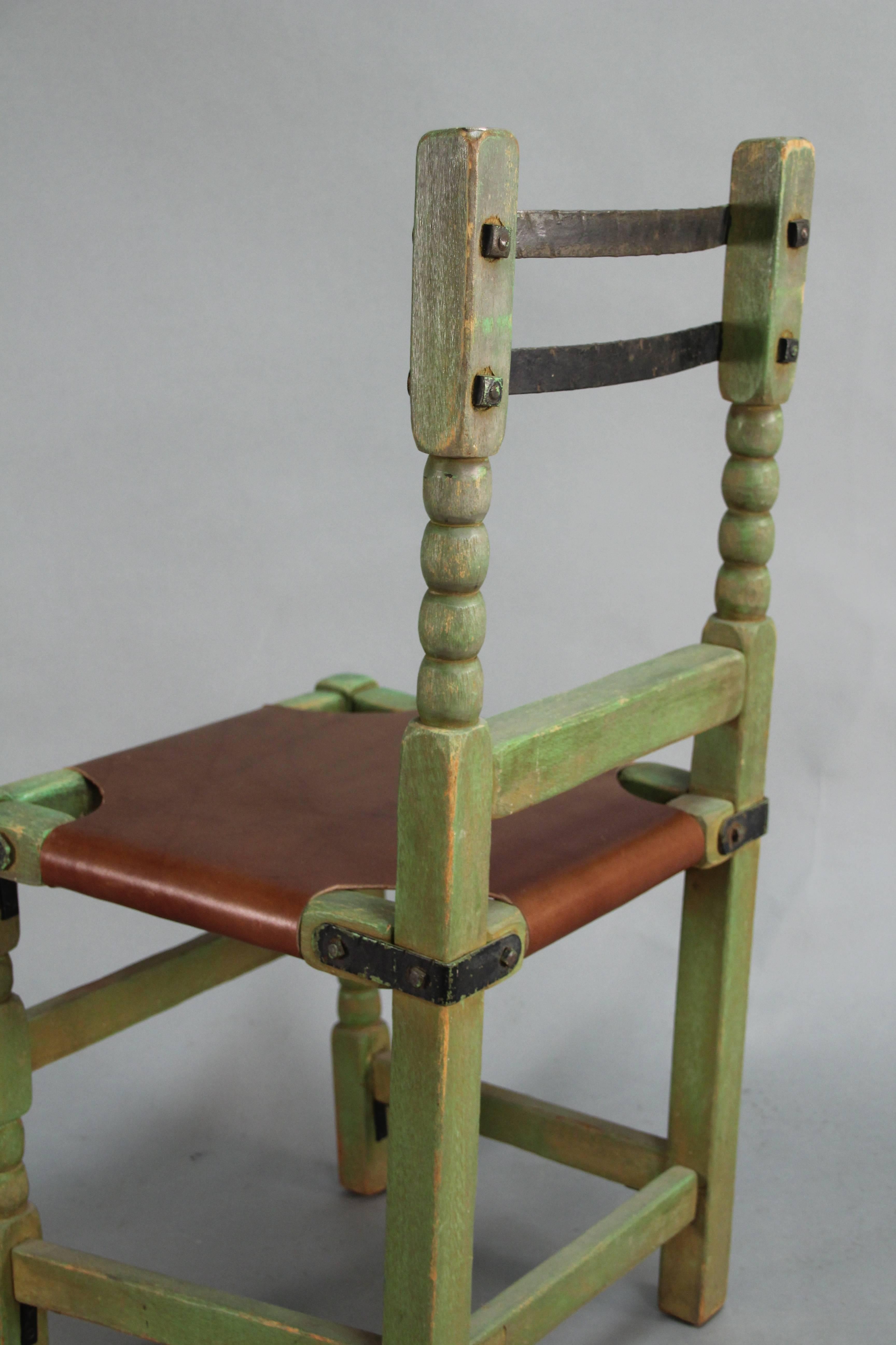 Rancho Monterey Green Side Chair with Iron Straps and Leather Upholstery 2