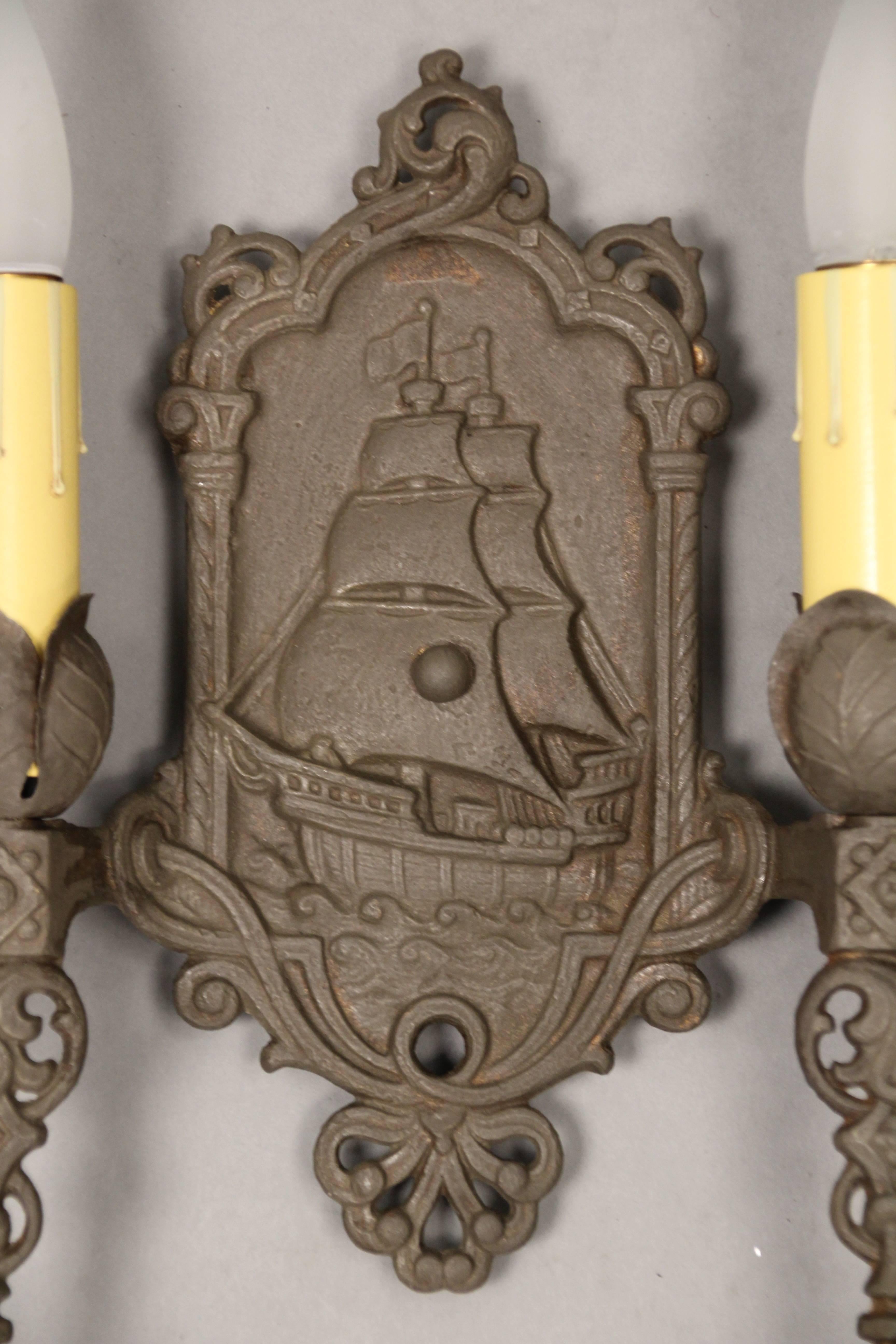 Spanish Colonial 1 of 3 Antique Double Sconce With Galleon Motif