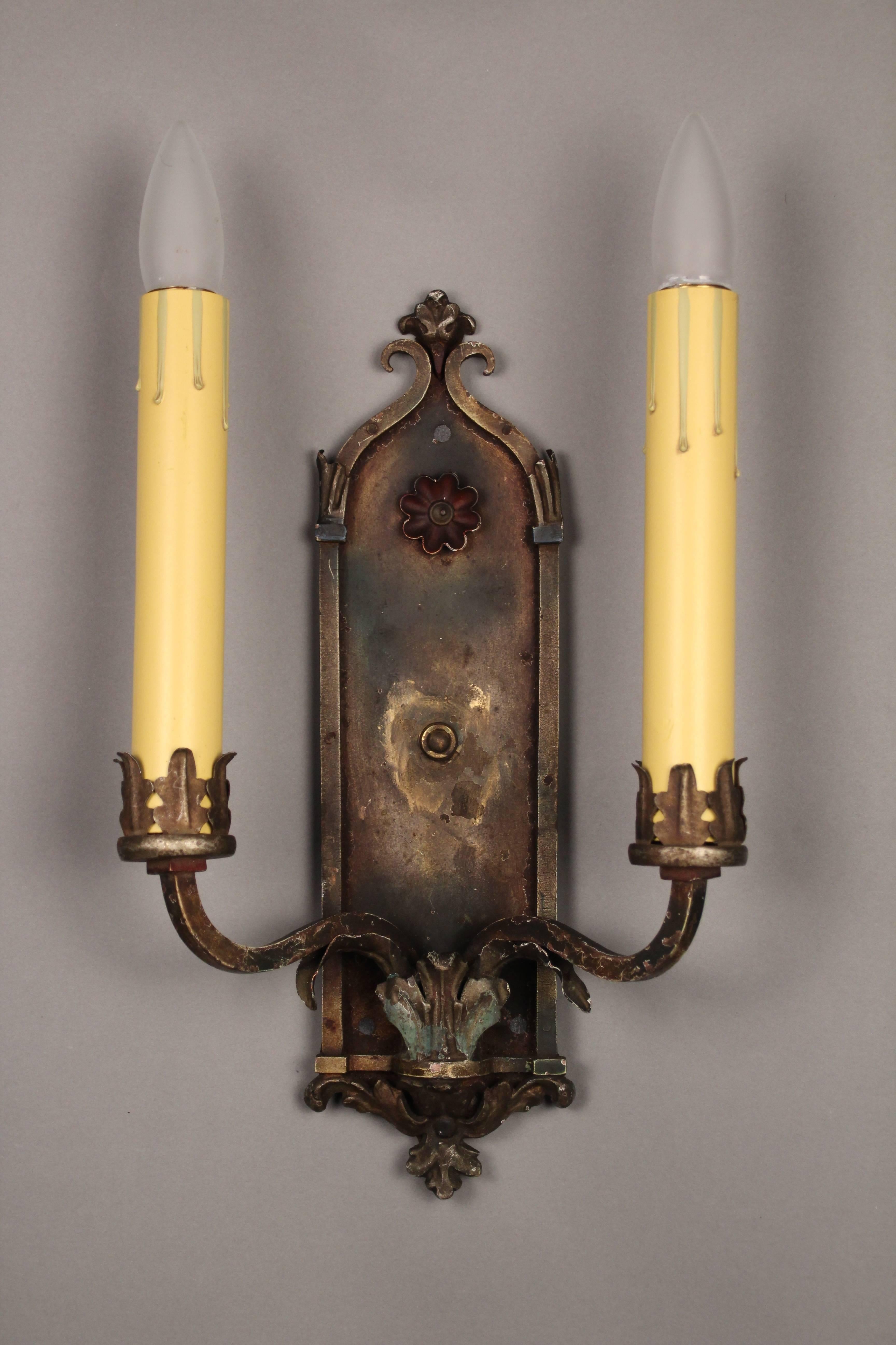 Hard to find tall double sconces. Would fit nicely in Spanish Revival or Tudor homes. Sconces with original finish, circa 1920s. Measures: 14.25