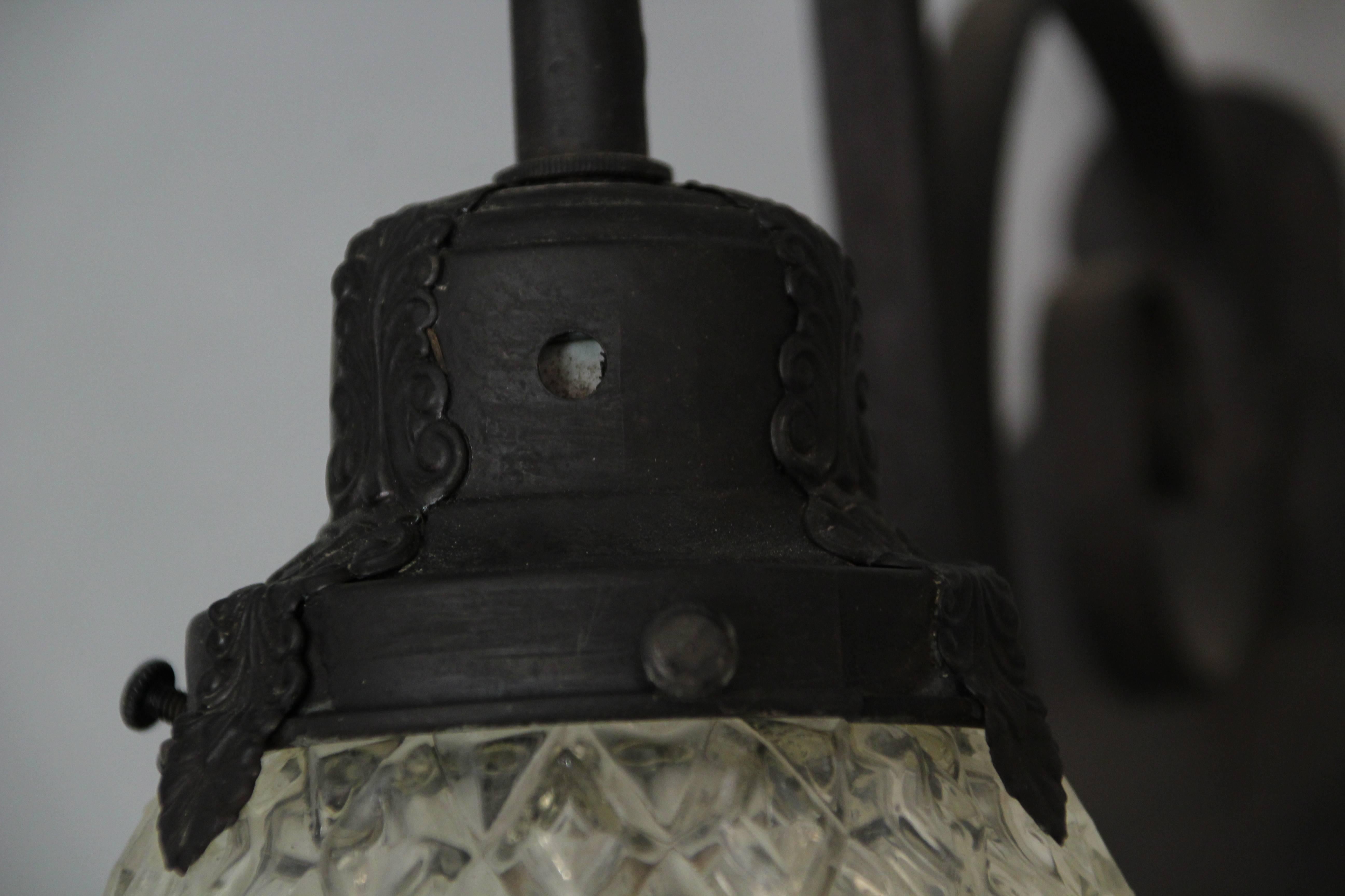 Antique circa 1920s Exterior Iron and Glass Light Fixture In Good Condition In Pasadena, CA