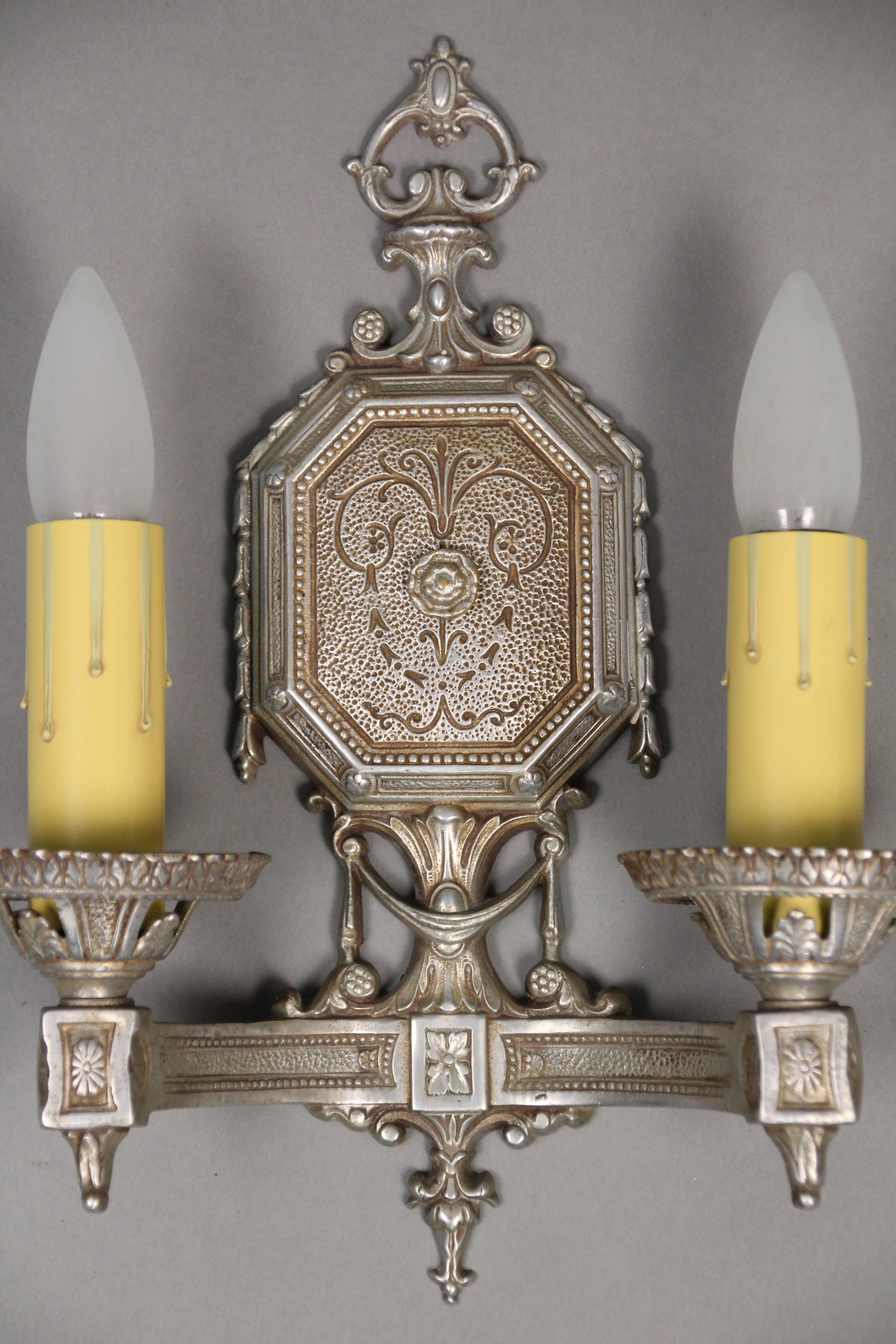 Early 20th Century Pair of Spanish Revival 1920s Silver Toned Double Sconces with Original Finish
