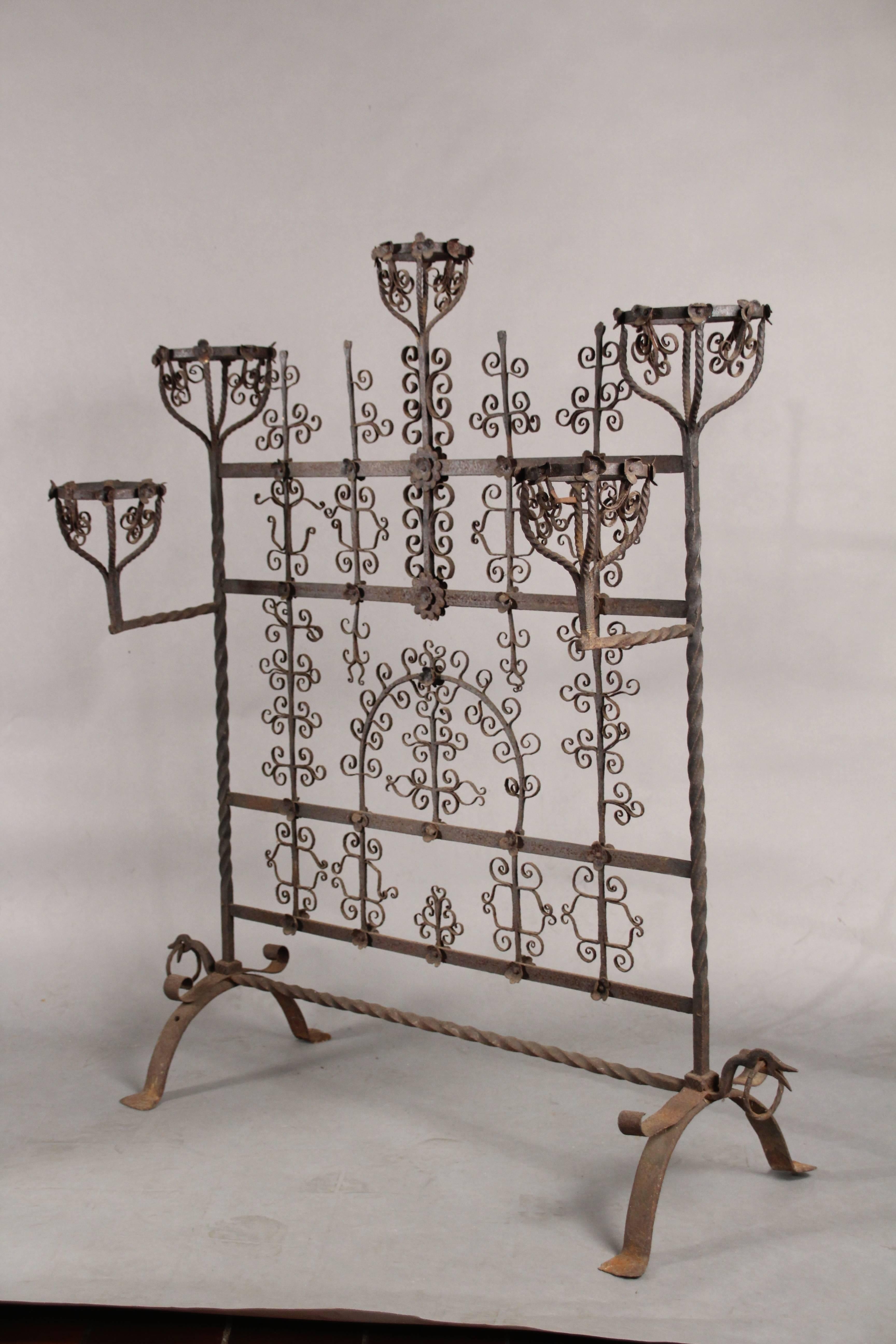 Spanish Colonial Very Early Antique Spanish Revival Detailed Wrought Iron Fire Screen