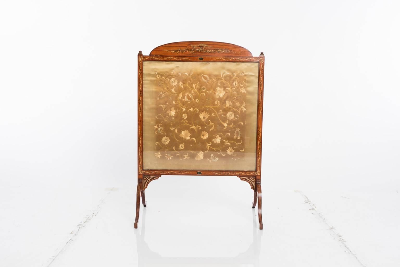 Adams style fire screen with satinwood and chinoiserie silk fabric decoration.
