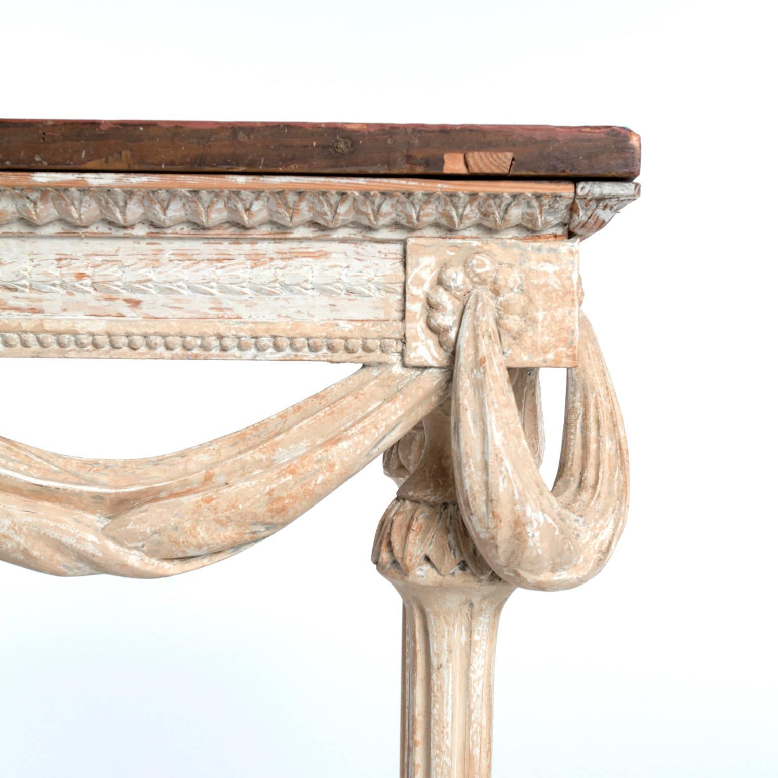 Wood Pair of Painted Gustavian Style Console Tables with Painted Faux Tops For Sale