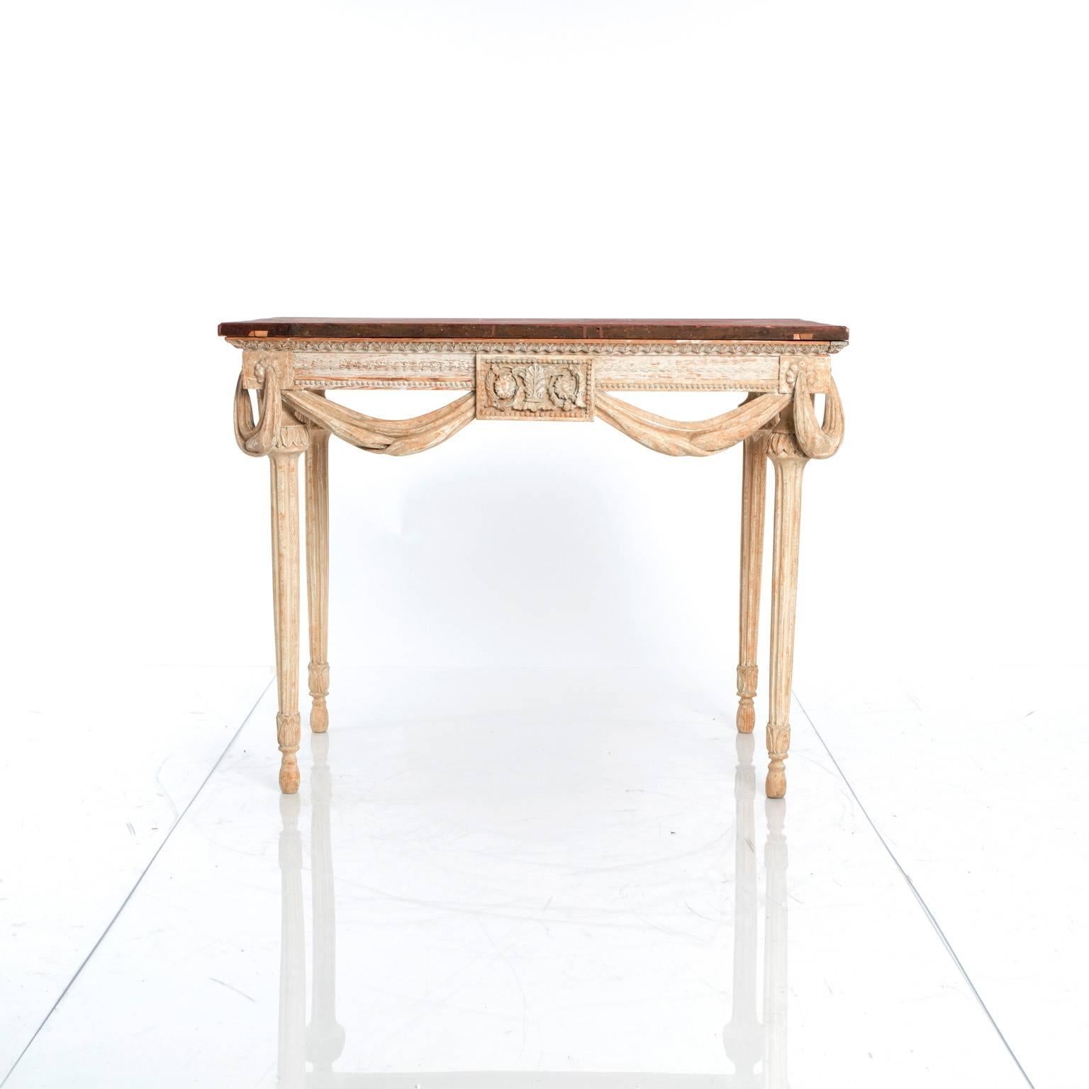 Pair of Painted Gustavian Style Console Tables with Painted Faux Tops For Sale 2