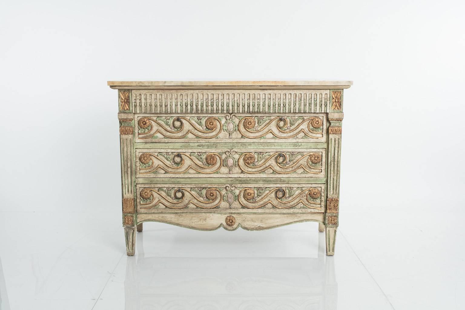John Widdicomb, Spanish style chest of drawers. Painted with a faux marble top.