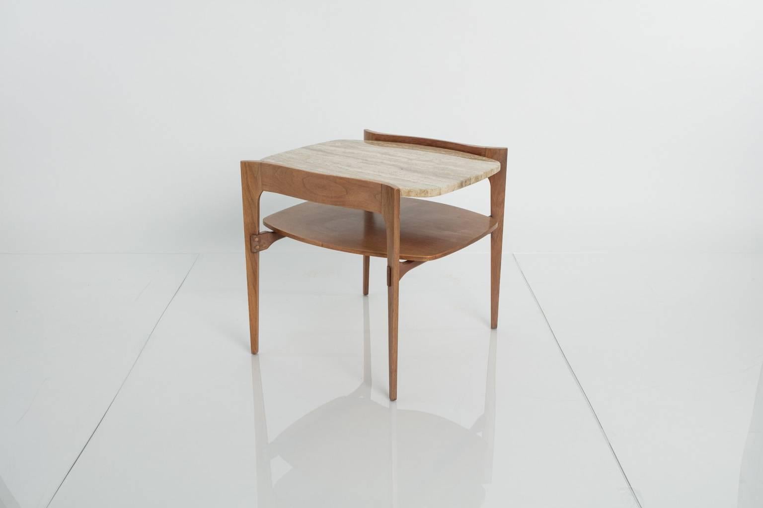 Travertine and walnut, two-tier side table by Bertha Schaefer for Gordon's Fine Furniture, Johnson City Tenn.