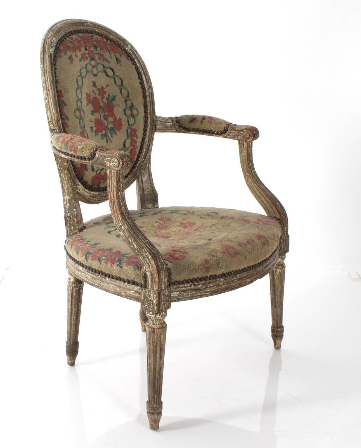 French Louis XV Style Needlepoint Armchairs For Sale